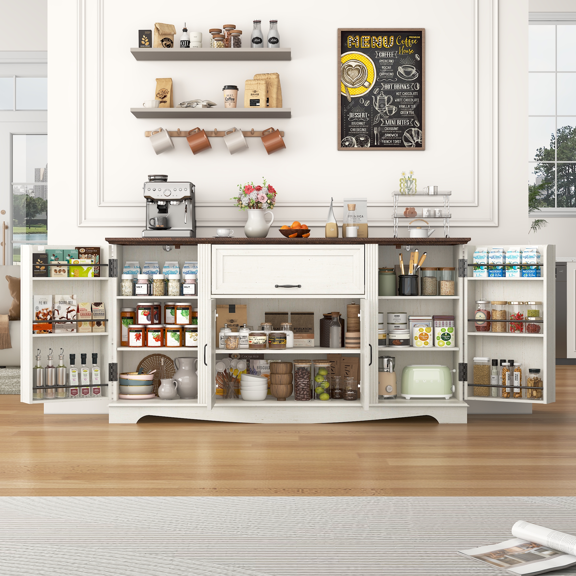 Blotout 65" Sideboard Buffet Cabinet with Storage, Farmhouse Kitchen Pantry Storage Cabinet, Credenza with Drawers, Wood Coffee Bar Cabinet