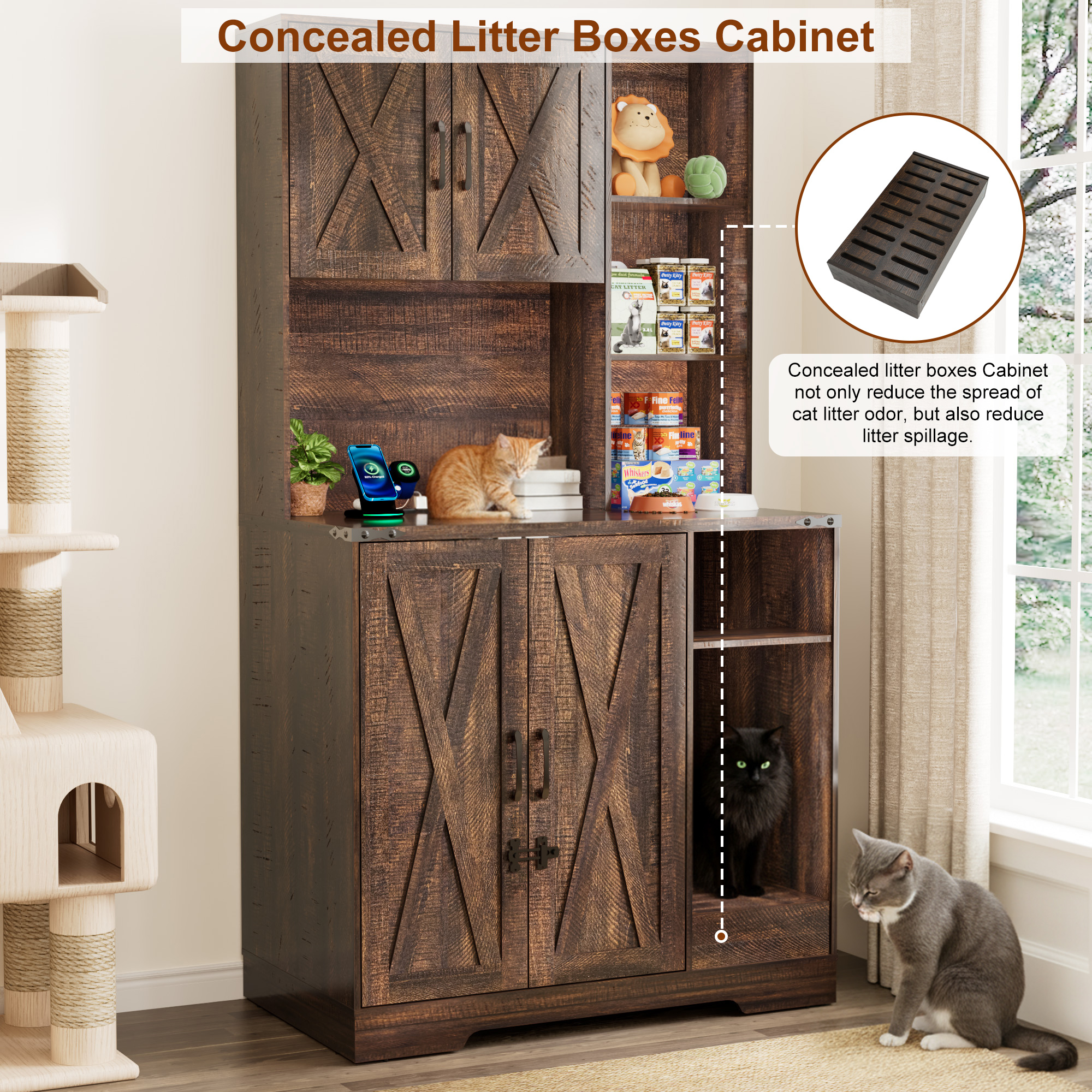 Blotout 71" Tall Farmhouse Cat Litter Box Enclosure W/Open Shelves & Doors, Wooden Cat Litter Box Furniture for Self-Cleaning Litter Boxes, Large Hidden Litter Box Furniture W/ Power Outlets, Locks