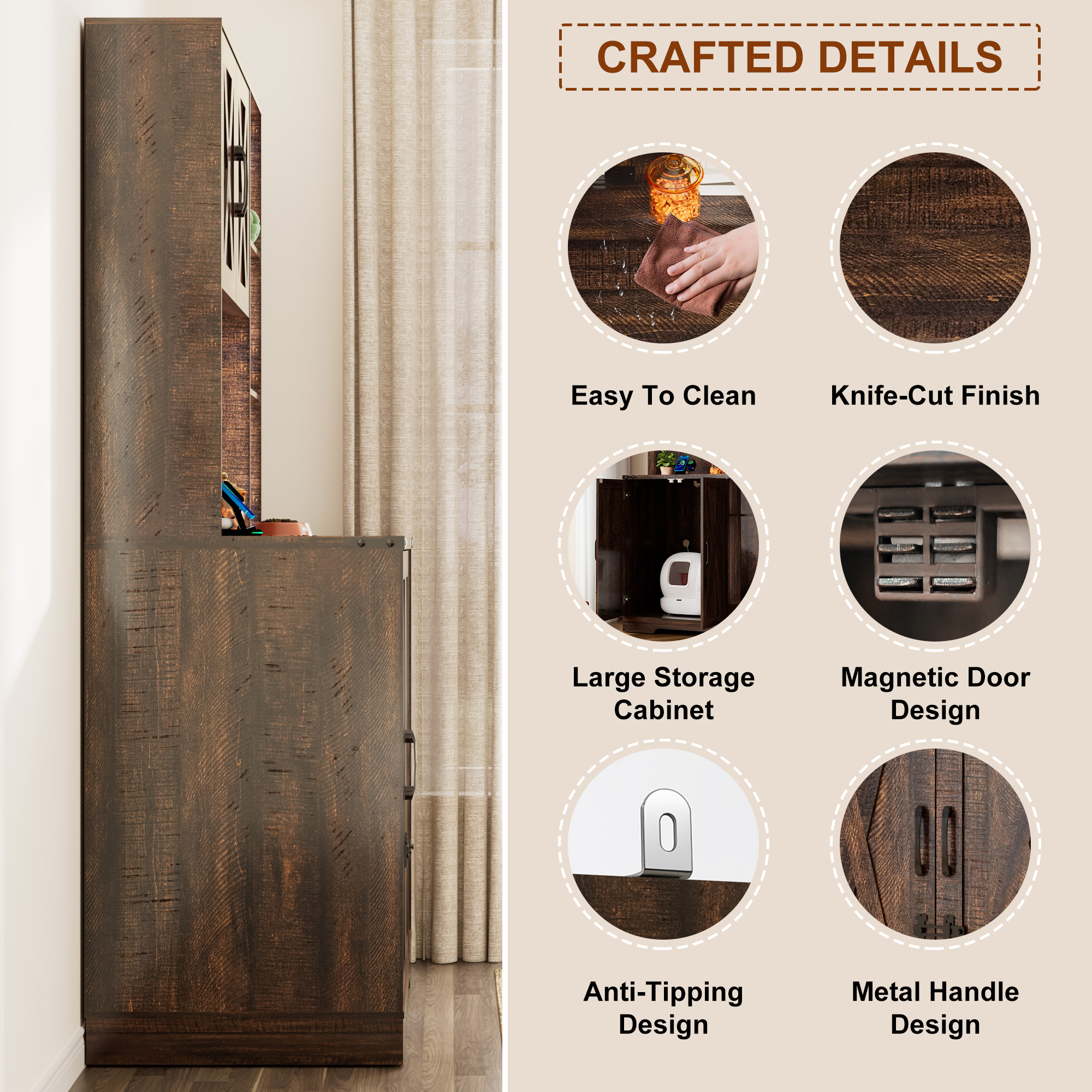 Blotout 71" Tall Farmhouse Cat Litter Box Enclosure W/Open Shelves & Doors, Wooden Cat Litter Box Furniture for Self-Cleaning Litter Boxes, Large Hidden Litter Box Furniture W/ Power Outlets, Locks