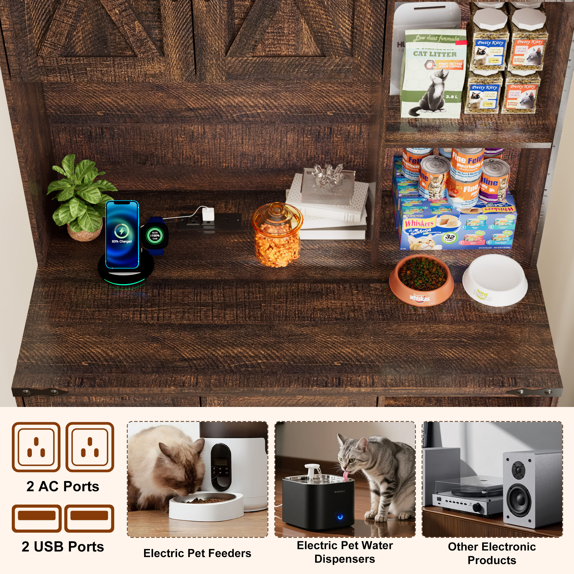 Blotout 71" Tall Farmhouse Cat Litter Box Enclosure W/Open Shelves & Doors, Wooden Cat Litter Box Furniture for Self-Cleaning Litter Boxes, Large Hidden Litter Box Furniture W/ Power Outlets, Locks