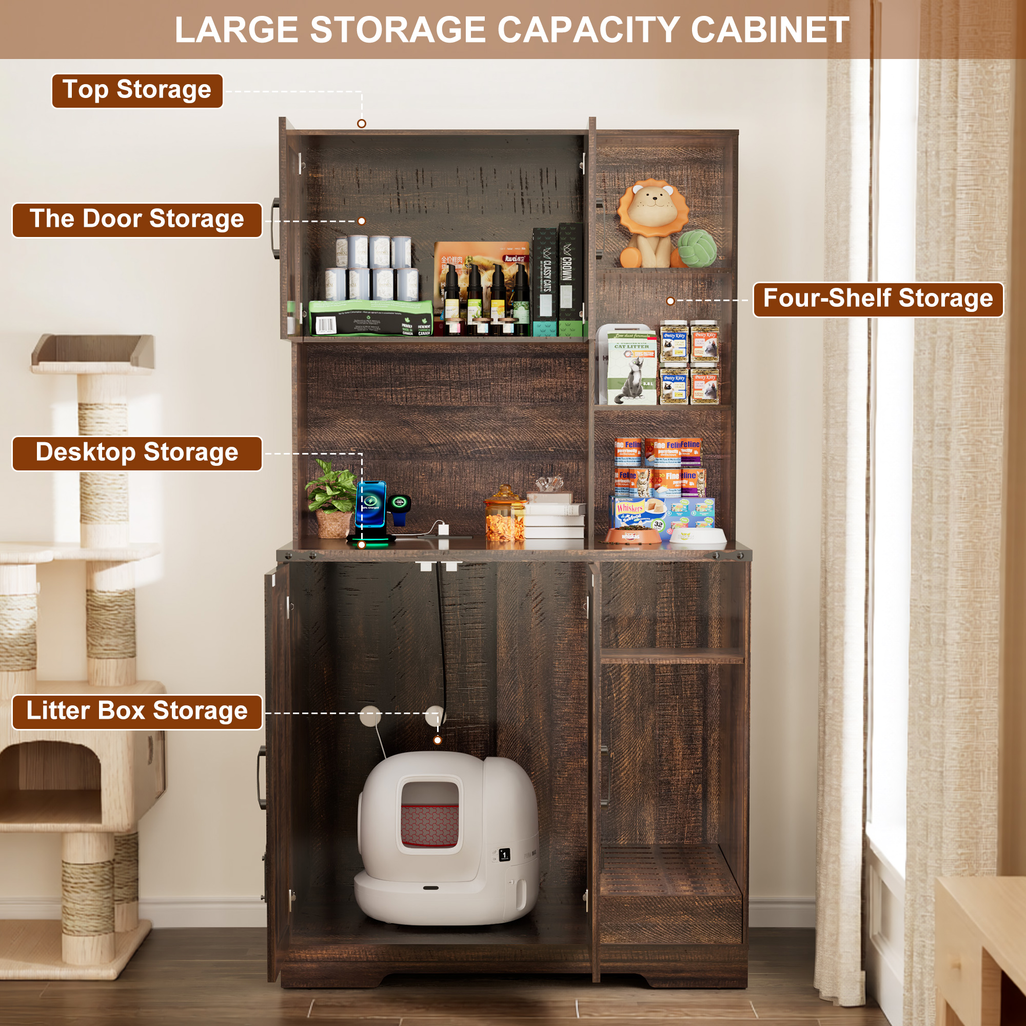 Blotout 71" Tall Farmhouse Cat Litter Box Enclosure W/Open Shelves & Doors, Wooden Cat Litter Box Furniture for Self-Cleaning Litter Boxes, Large Hidden Litter Box Furniture W/ Power Outlets, Locks