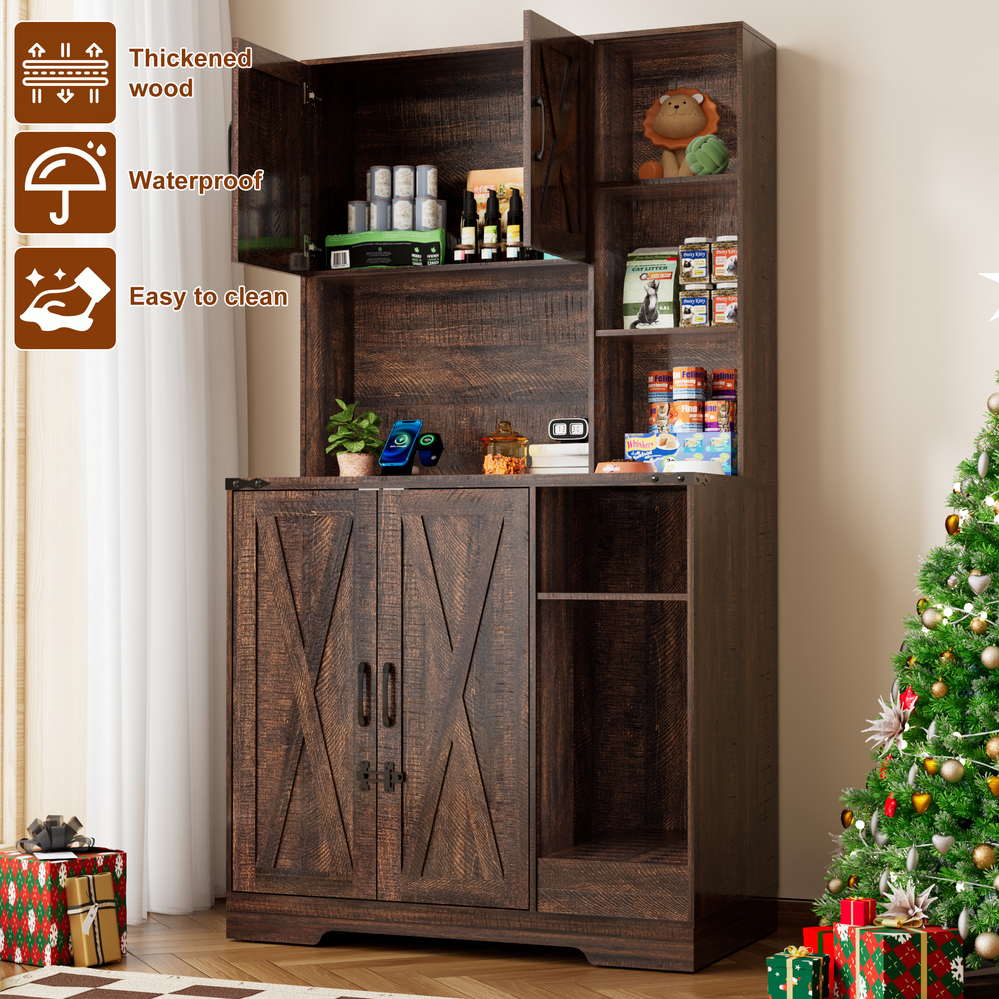 Blotout 71" Tall Farmhouse Cat Litter Box Enclosure W/Open Shelves & Doors, Wooden Cat Litter Box Furniture for Self-Cleaning Litter Boxes, Large Hidden Litter Box Furniture W/ Power Outlets, Locks