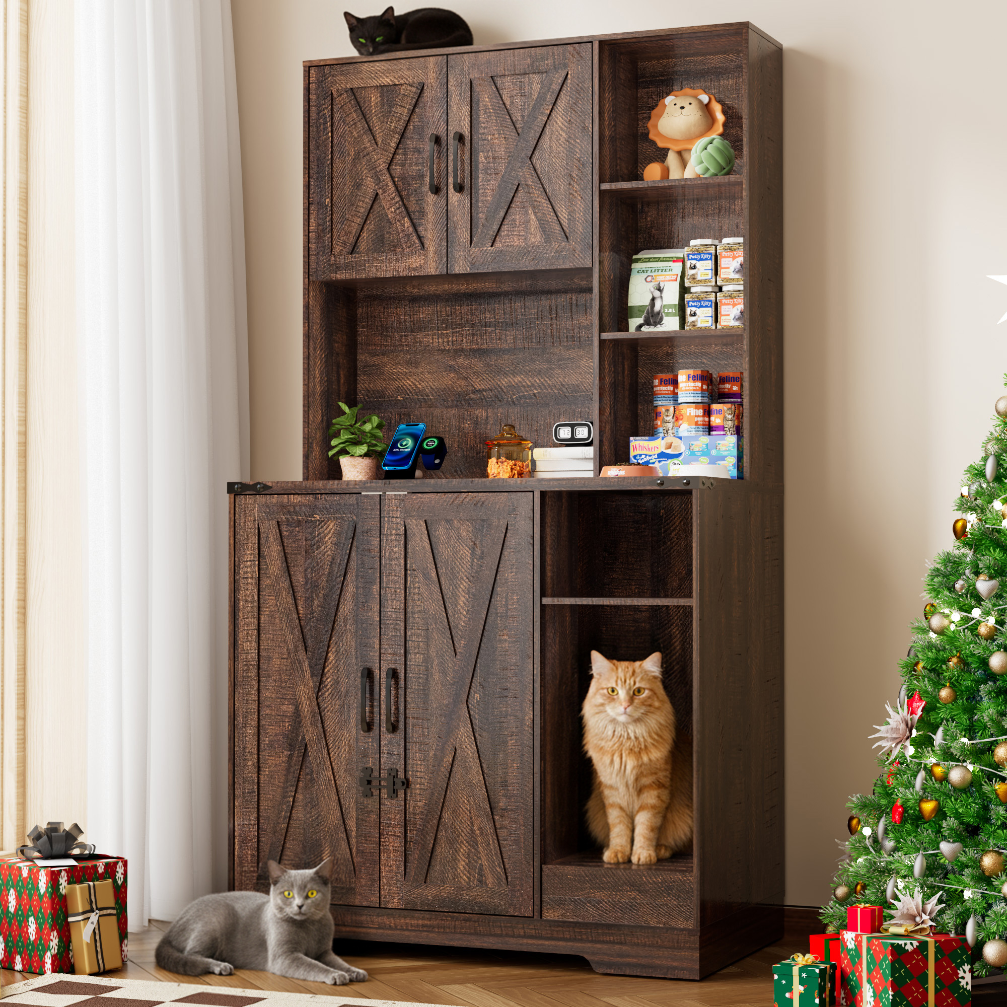 Blotout 71" Tall Farmhouse Cat Litter Box Enclosure W/Open Shelves & Doors, Wooden Cat Litter Box Furniture for Self-Cleaning Litter Boxes, Large Hidden Litter Box Furniture W/ Power Outlets, Locks