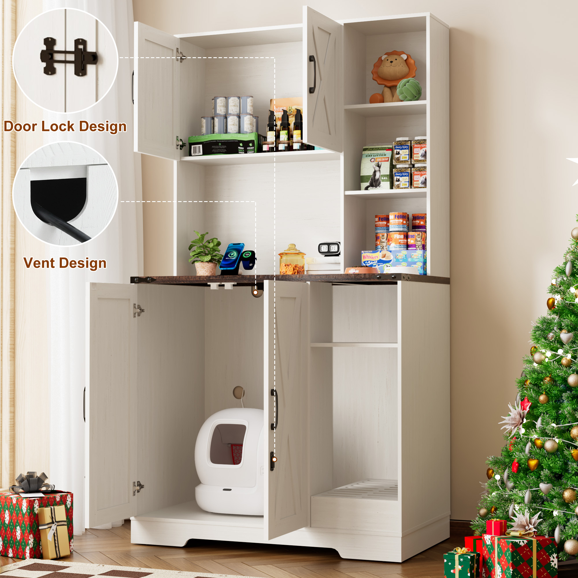 Blotout 71" Tall Farmhouse Cat Litter Box Enclosure W/Open Shelves & Doors, Wooden Cat Litter Box Furniture for Self-Cleaning Litter Boxes, Large Hidden Litter Box Furniture W/ Power Outlets, Locks