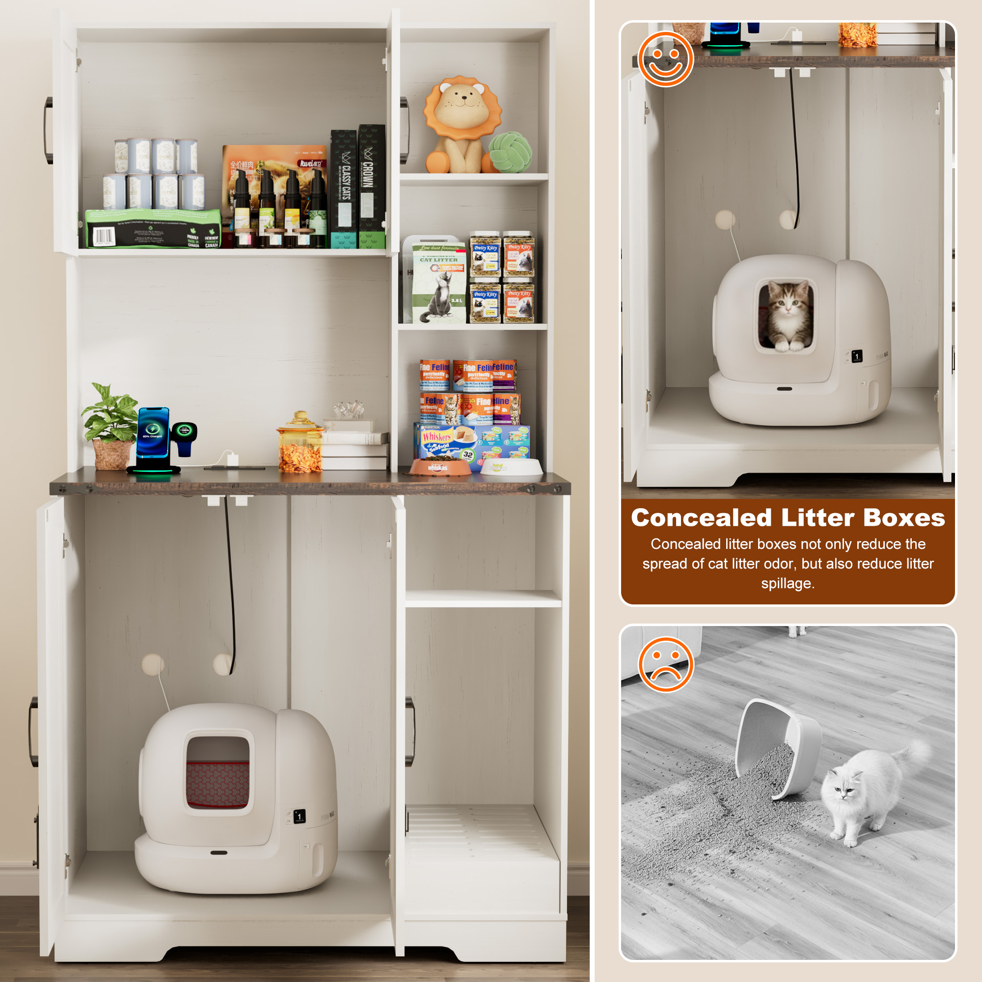 Blotout 71" Tall Farmhouse Cat Litter Box Enclosure W/Open Shelves & Doors, Wooden Cat Litter Box Furniture for Self-Cleaning Litter Boxes, Large Hidden Litter Box Furniture W/ Power Outlets, Locks