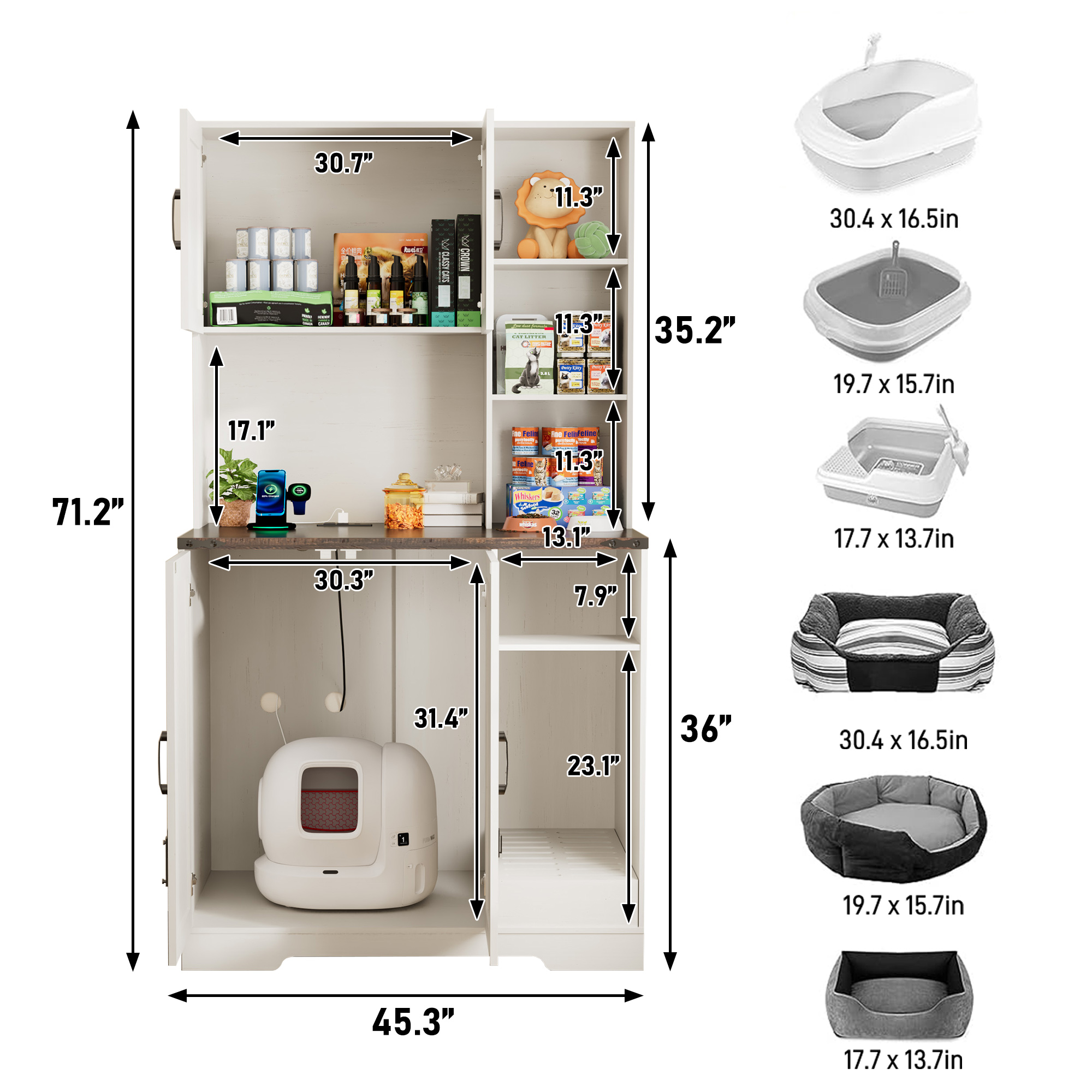 Blotout 71" Tall Farmhouse Cat Litter Box Enclosure W/Open Shelves & Doors, Wooden Cat Litter Box Furniture for Self-Cleaning Litter Boxes, Large Hidden Litter Box Furniture W/ Power Outlets, Locks