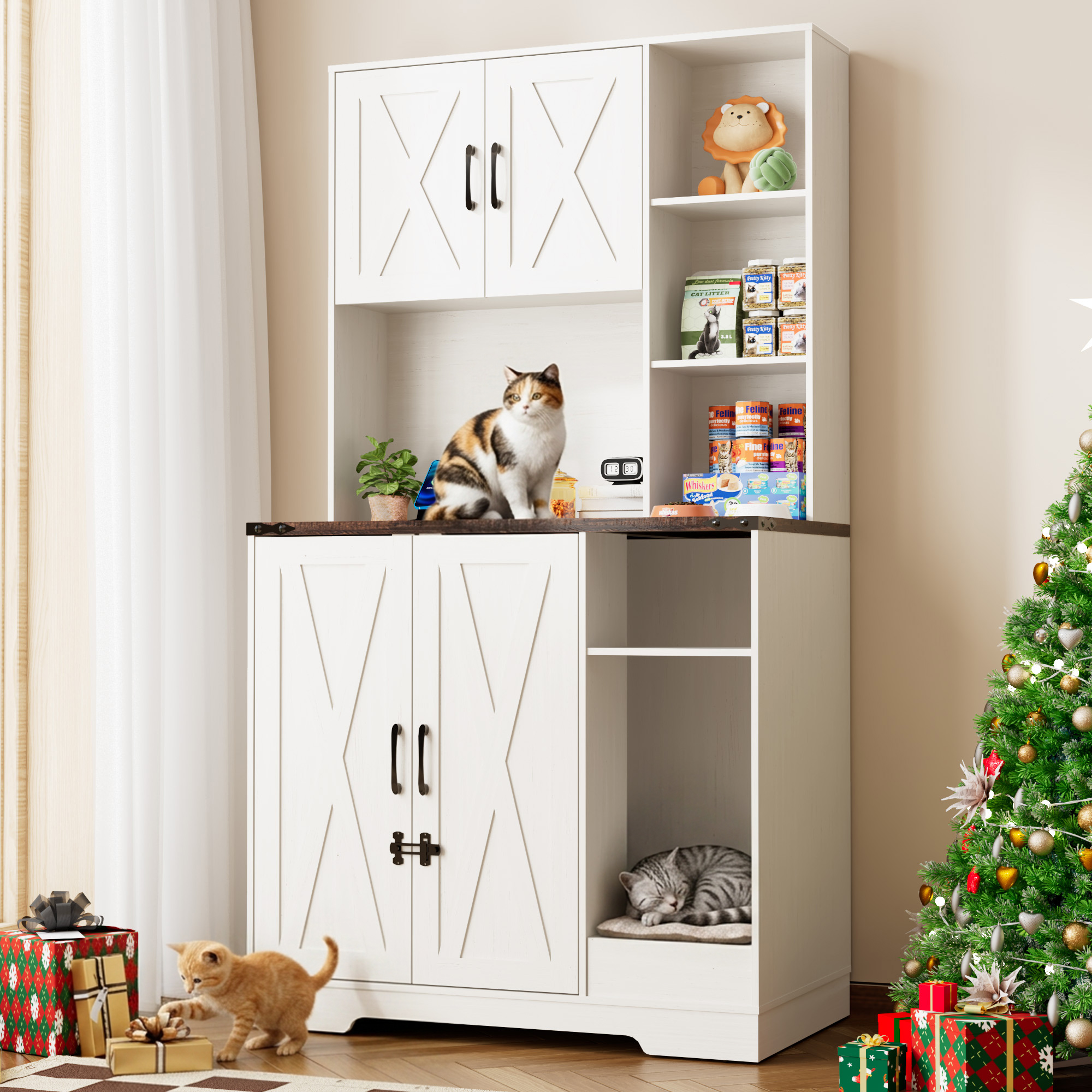 Blotout 71" Tall Farmhouse Cat Litter Box Enclosure W/Open Shelves & Doors, Wooden Cat Litter Box Furniture for Self-Cleaning Litter Boxes, Large Hidden Litter Box Furniture W/ Power Outlets, Locks