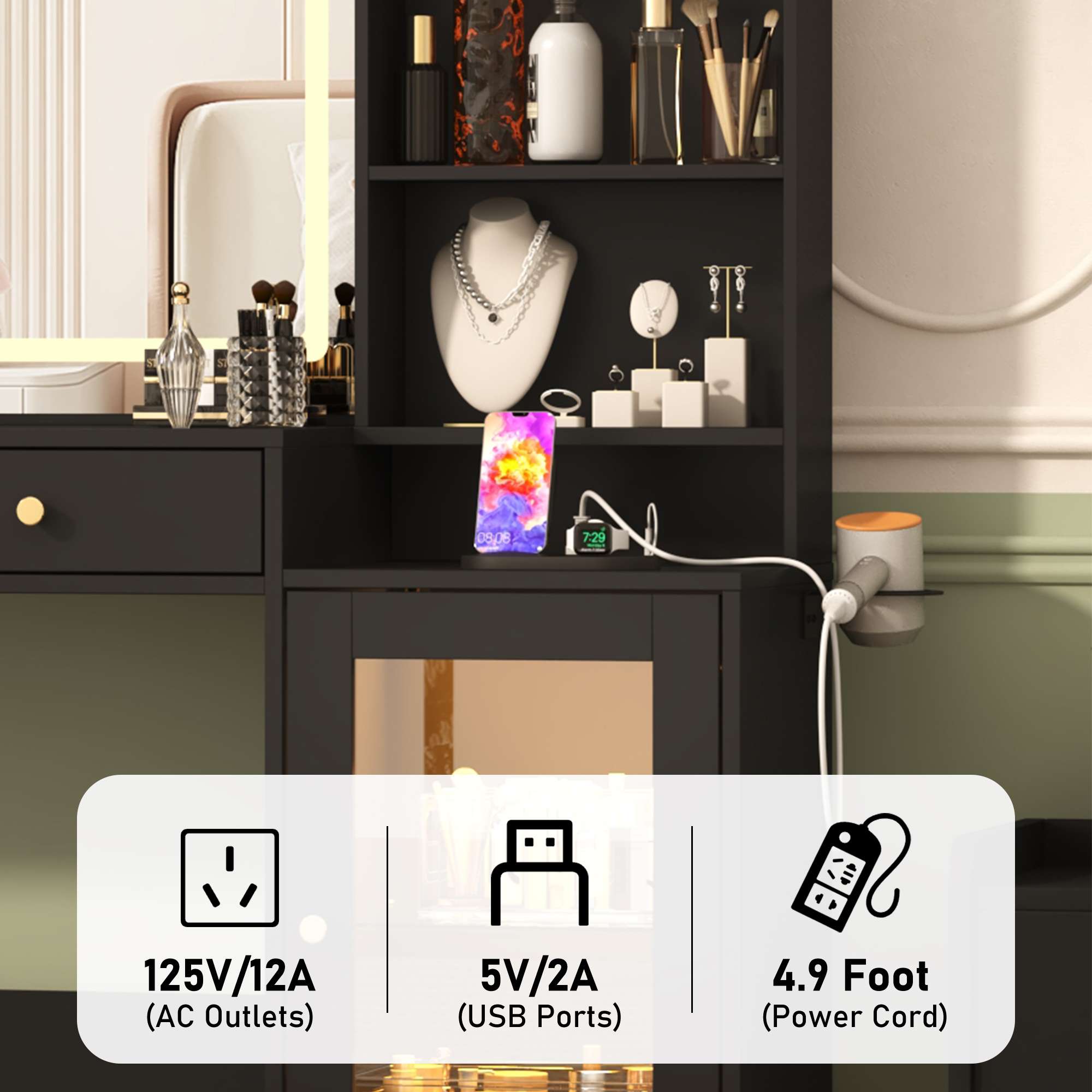 Blotout 62'' Large Vanity Desk w/60000-color LED Lights, Tempered Glass Top, Power Outlet, Makeup Vanity Table w/ 3 Lights Mode Mirror, 3 Drawers, 2 RGB Cabinets, LED Dressing Table for Girls, Women