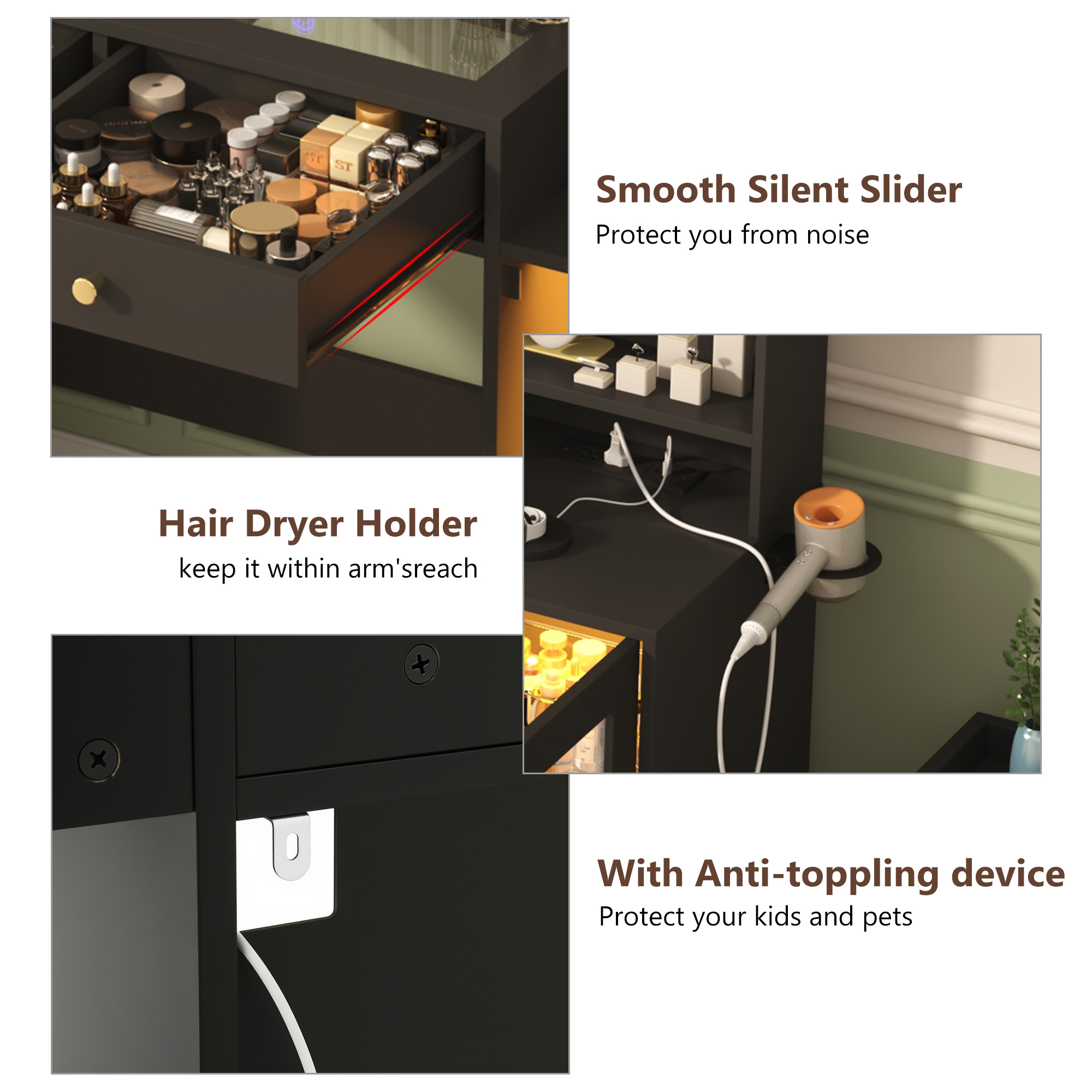 Blotout 62'' Large Vanity Desk w/60000-color LED Lights, Tempered Glass Top, Power Outlet, Makeup Vanity Table w/ 3 Lights Mode Mirror, 3 Drawers, 2 RGB Cabinets, LED Dressing Table for Girls, Women