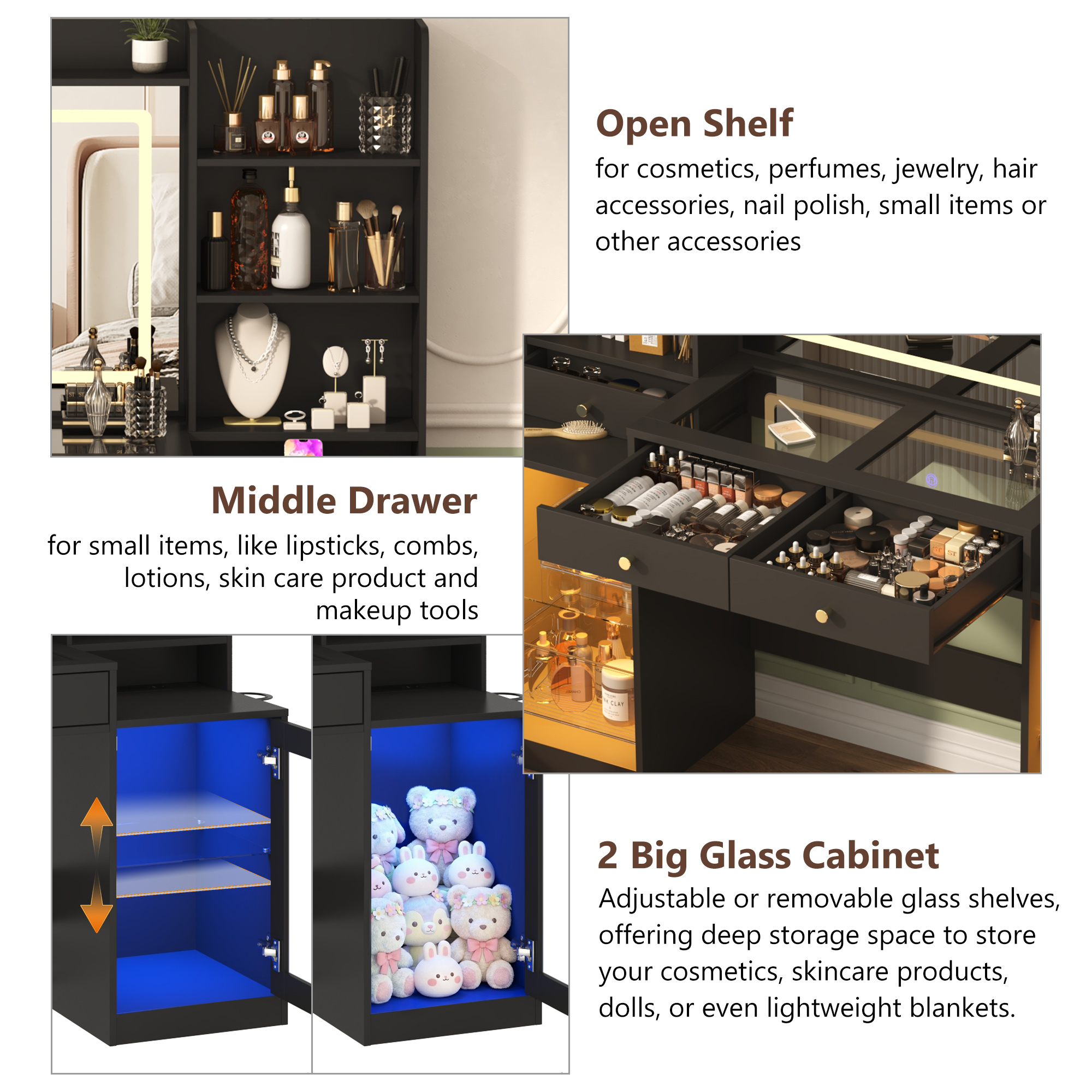 Blotout 62'' Large Vanity Desk w/60000-color LED Lights, Tempered Glass Top, Power Outlet, Makeup Vanity Table w/ 3 Lights Mode Mirror, 3 Drawers, 2 RGB Cabinets, LED Dressing Table for Girls, Women