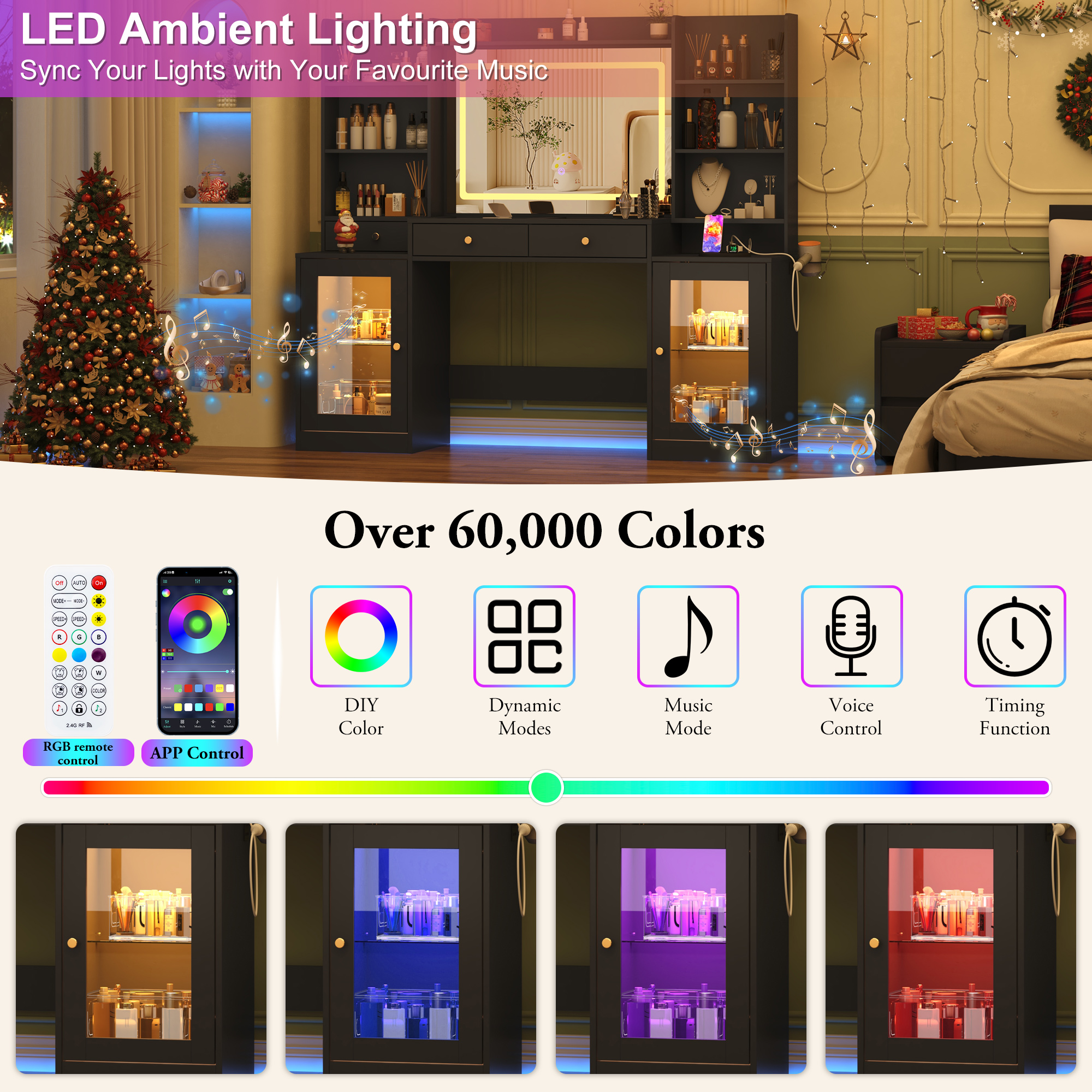 Blotout 62'' Large Vanity Desk w/60000-color LED Lights, Tempered Glass Top, Power Outlet, Makeup Vanity Table w/ 3 Lights Mode Mirror, 3 Drawers, 2 RGB Cabinets, LED Dressing Table for Girls, Women