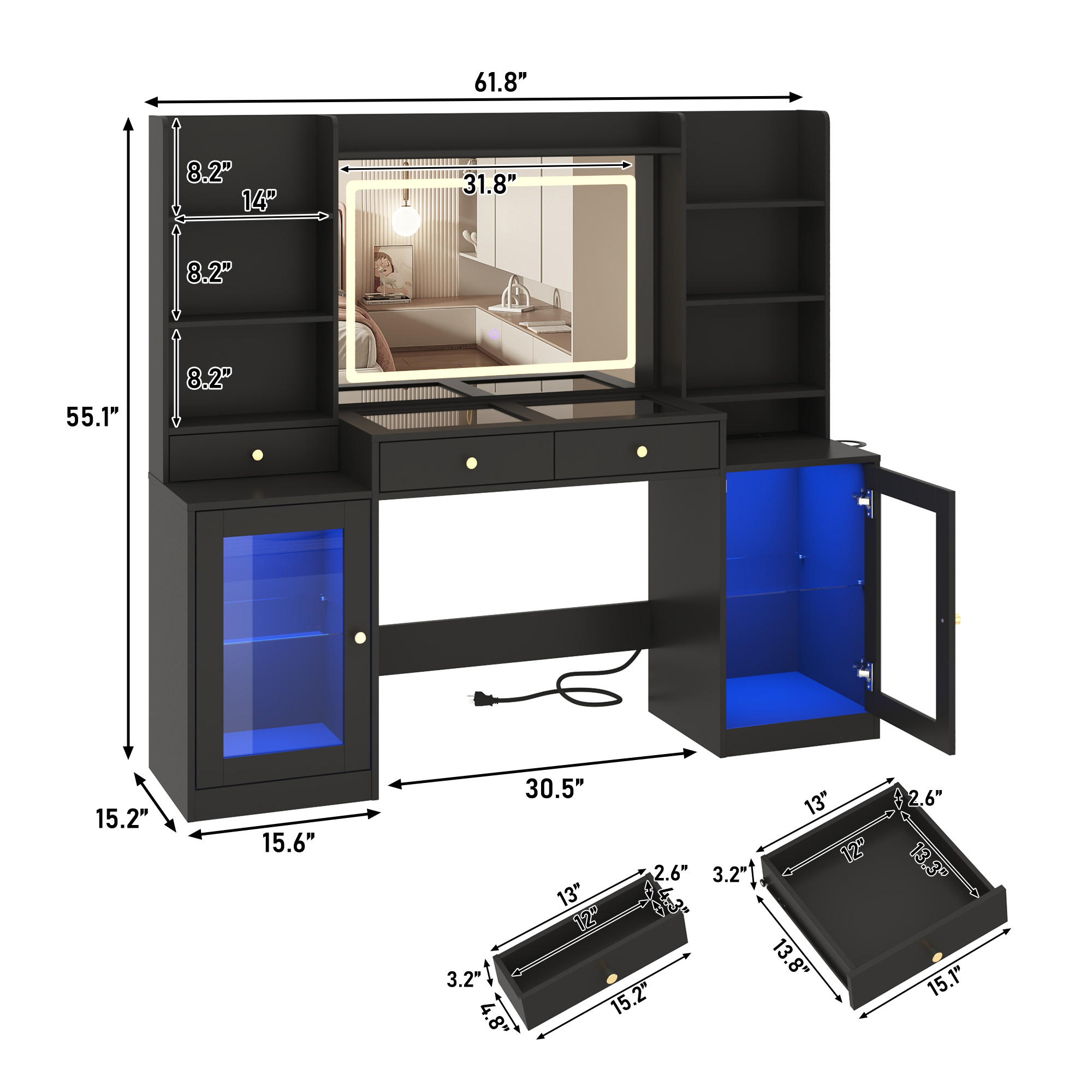Blotout 62'' Large Vanity Desk w/60000-color LED Lights, Tempered Glass Top, Power Outlet, Makeup Vanity Table w/ 3 Lights Mode Mirror, 3 Drawers, 2 RGB Cabinets, LED Dressing Table for Girls, Women