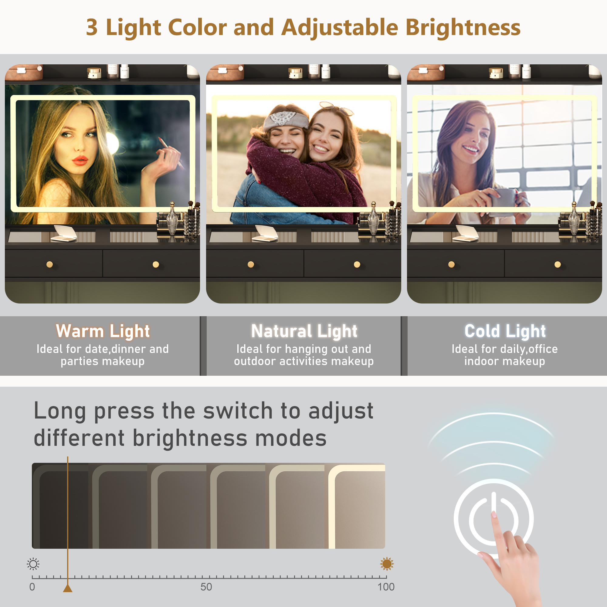 Blotout 62'' Large Vanity Desk w/60000-color LED Lights, Tempered Glass Top, Power Outlet, Makeup Vanity Table w/ 3 Lights Mode Mirror, 3 Drawers, 2 RGB Cabinets, LED Dressing Table for Girls, Women