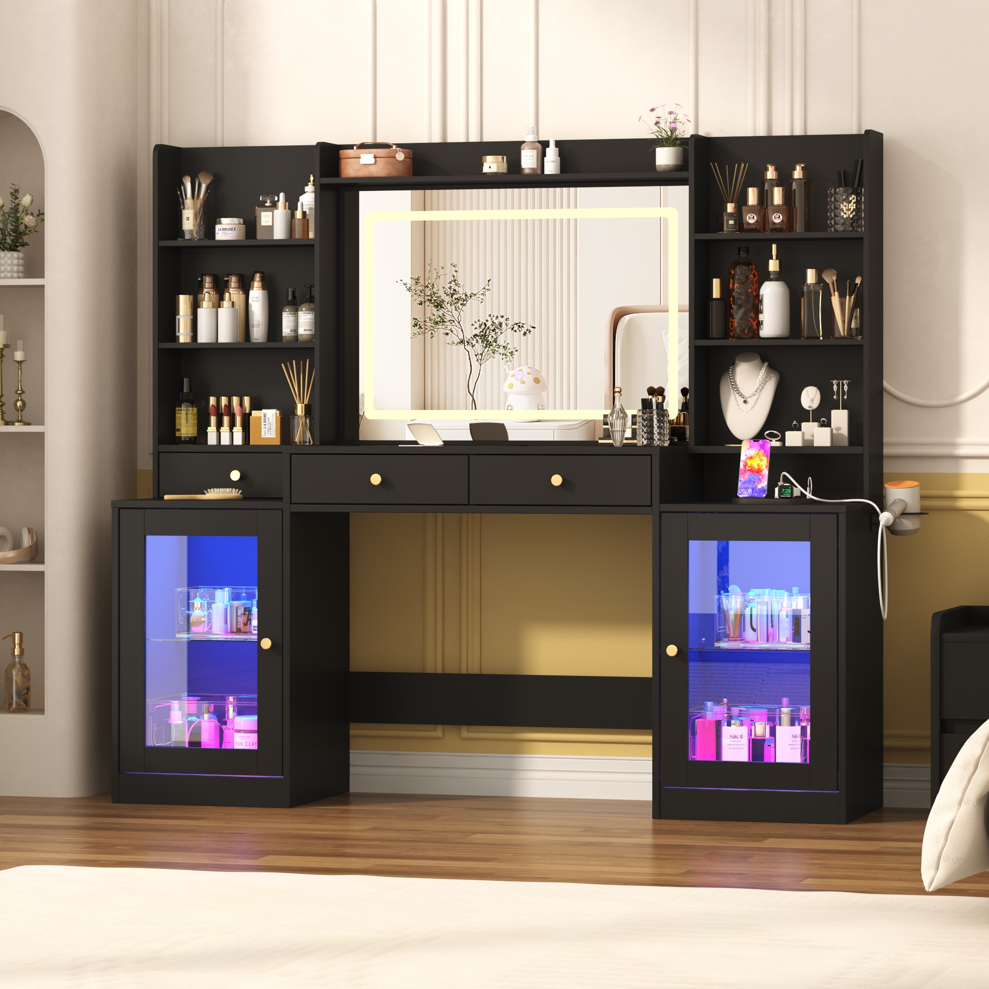 Blotout 62'' Large Vanity Desk w/60000-color LED Lights, Tempered Glass Top, Power Outlet, Makeup Vanity Table w/ 3 Lights Mode Mirror, 3 Drawers, 2 RGB Cabinets, LED Dressing Table for Girls, Women