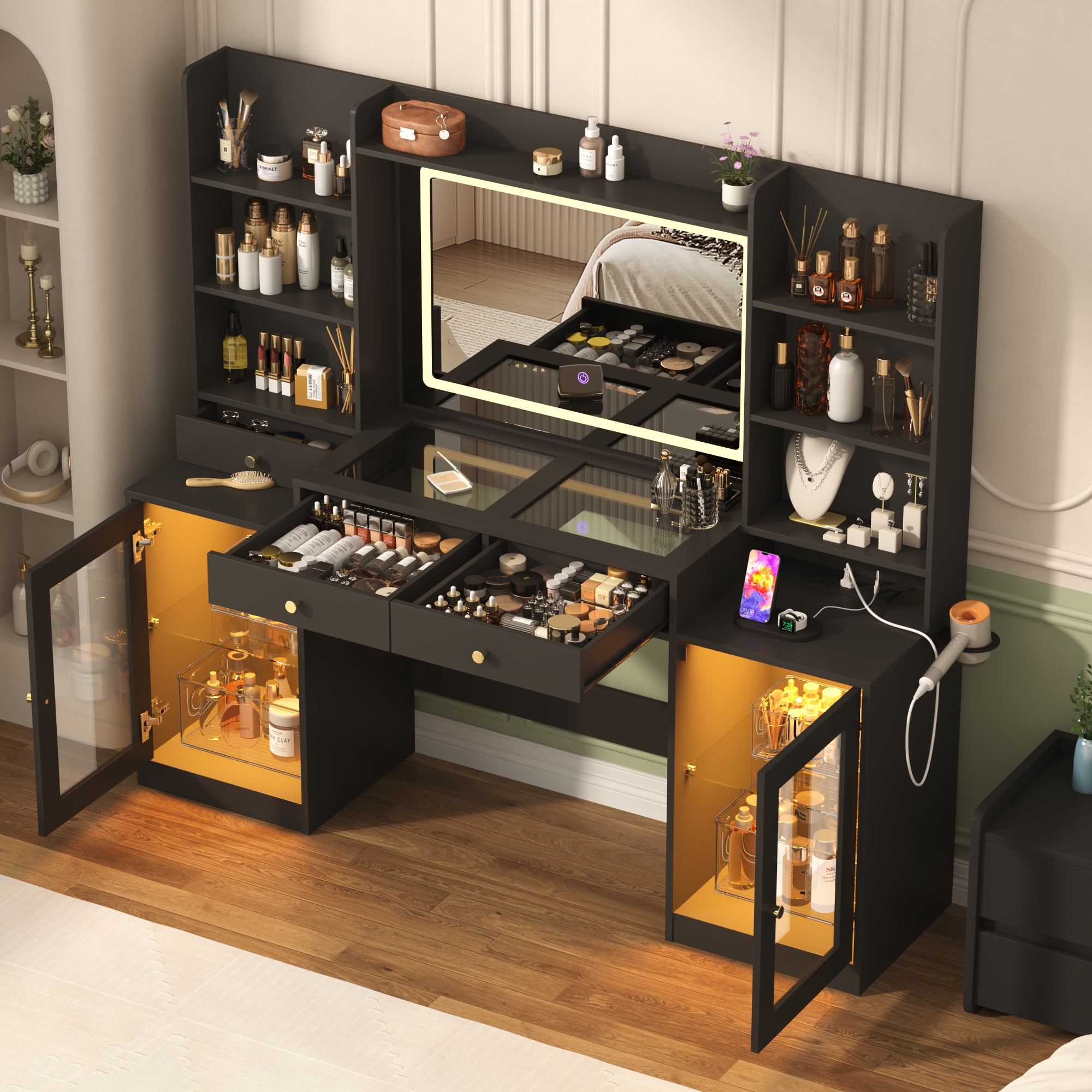 Blotout 62'' Large Vanity Desk w/60000-color LED Lights, Tempered Glass Top, Power Outlet, Makeup Vanity Table w/ 3 Lights Mode Mirror, 3 Drawers, 2 RGB Cabinets, LED Dressing Table for Girls, Women