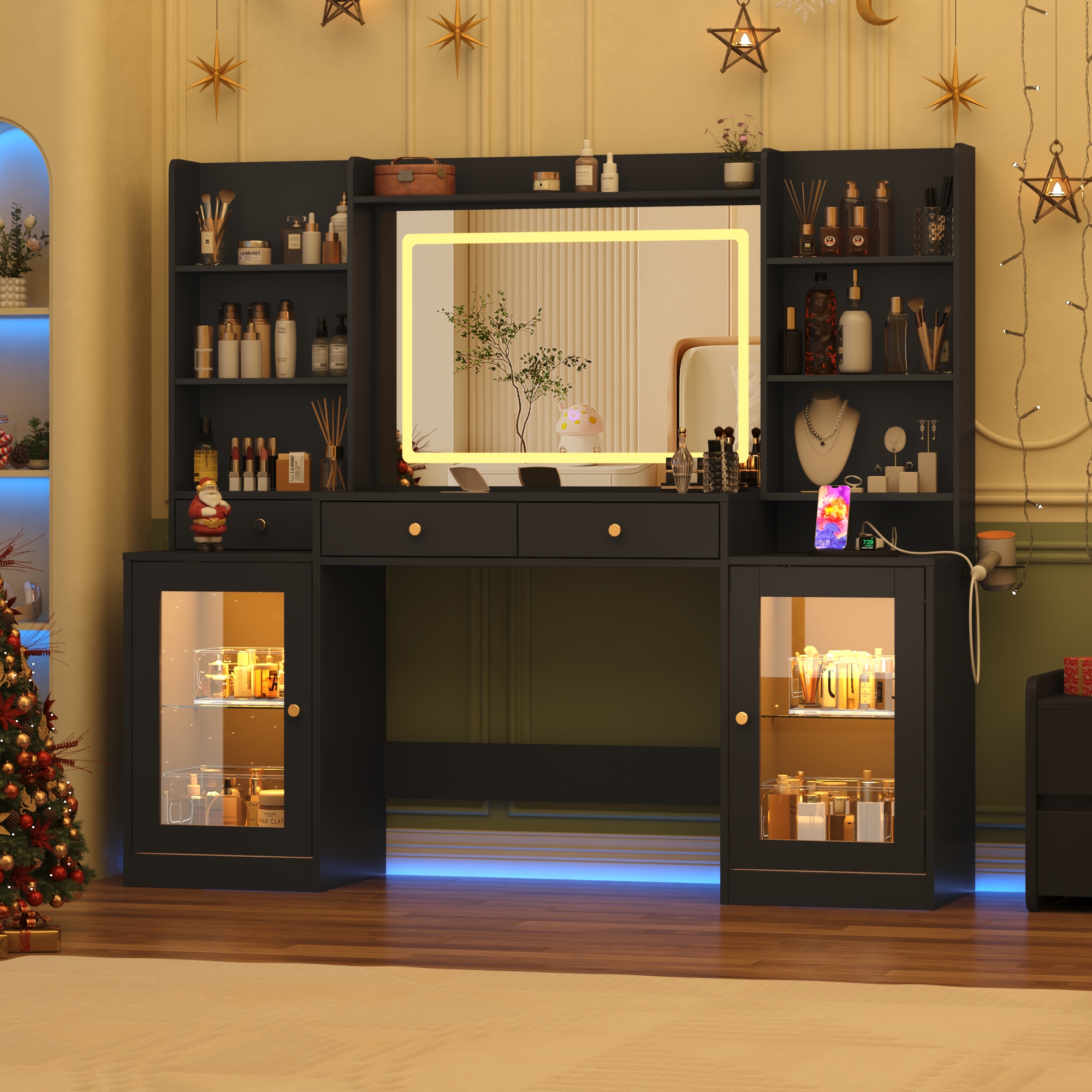 Blotout 62'' Large Vanity Desk w/60000-color LED Lights, Tempered Glass Top, Power Outlet, Makeup Vanity Table w/ 3 Lights Mode Mirror, 3 Drawers, 2 RGB Cabinets, LED Dressing Table for Girls, Women