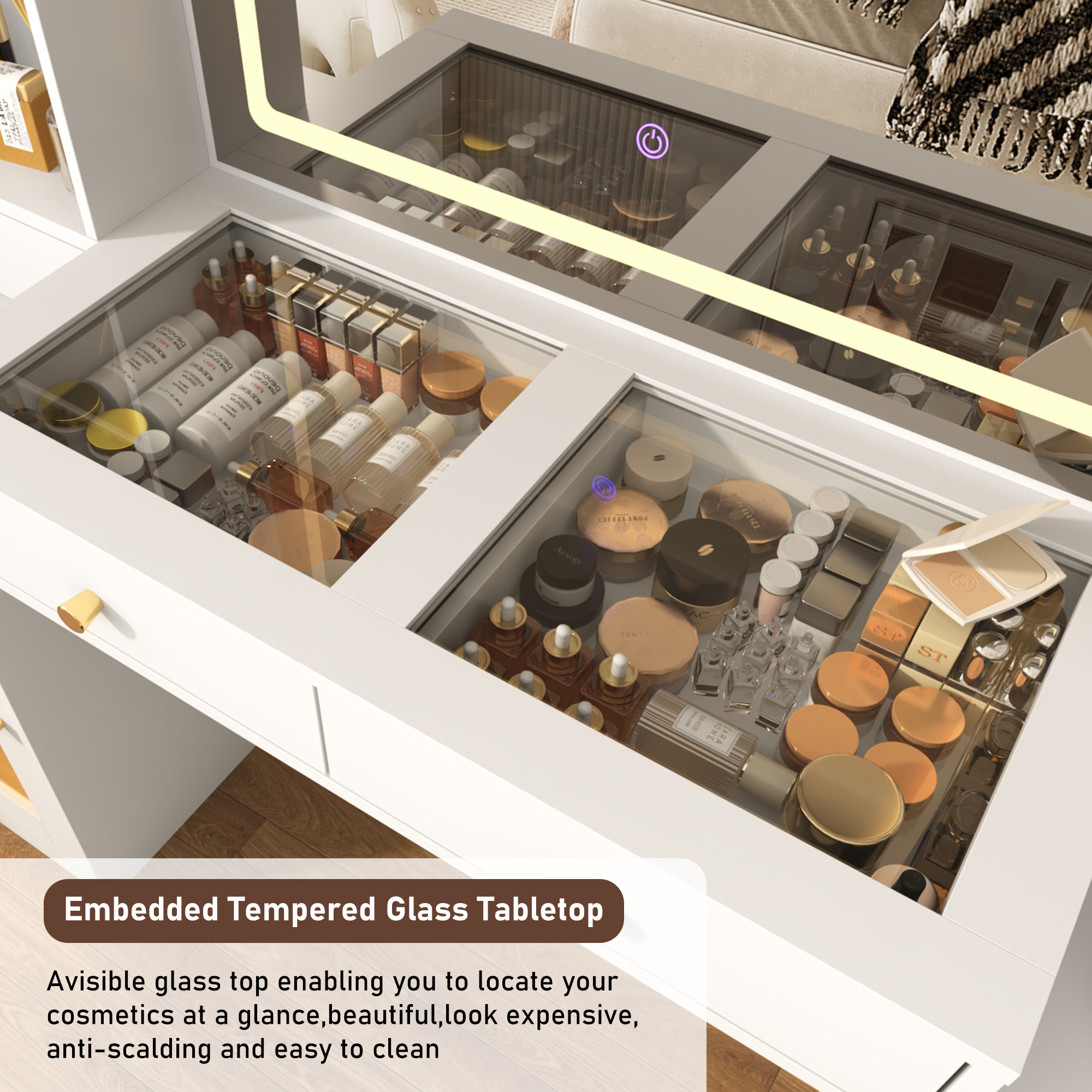 Blotout 62'' Large Vanity Desk w/60000-color LED Lights, Tempered Glass Top, Power Outlet, Makeup Vanity Table w/ 3 Lights Mode Mirror, 3 Drawers, 2 RGB Cabinets, LED Dressing Table for Girls, Women