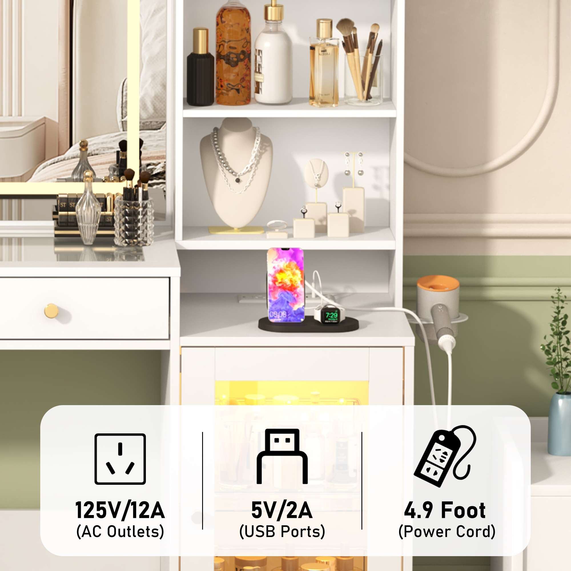 Blotout 62'' Large Vanity Desk w/60000-color LED Lights, Tempered Glass Top, Power Outlet, Makeup Vanity Table w/ 3 Lights Mode Mirror, 3 Drawers, 2 RGB Cabinets, LED Dressing Table for Girls, Women