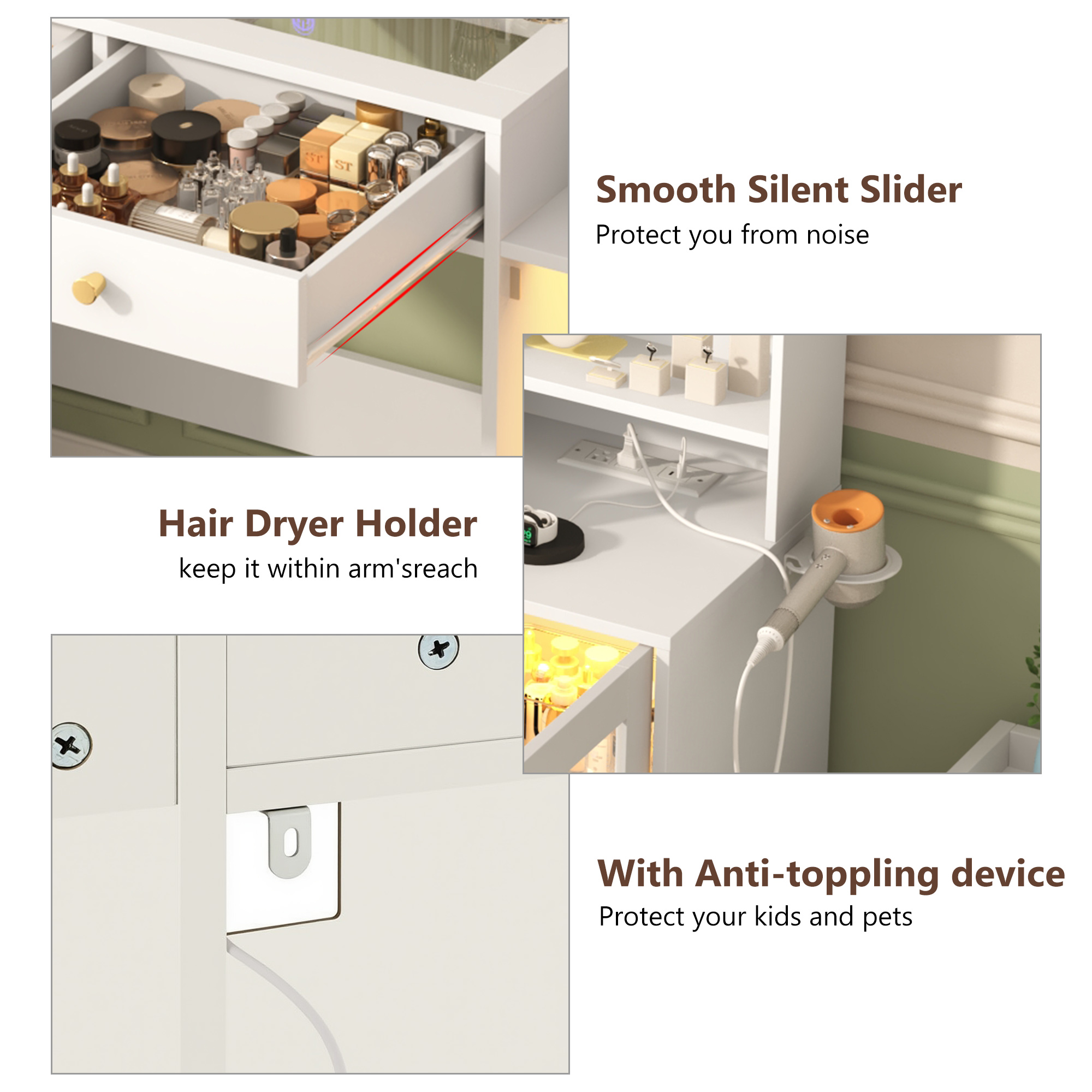 Blotout 62'' Large Vanity Desk w/60000-color LED Lights, Tempered Glass Top, Power Outlet, Makeup Vanity Table w/ 3 Lights Mode Mirror, 3 Drawers, 2 RGB Cabinets, LED Dressing Table for Girls, Women