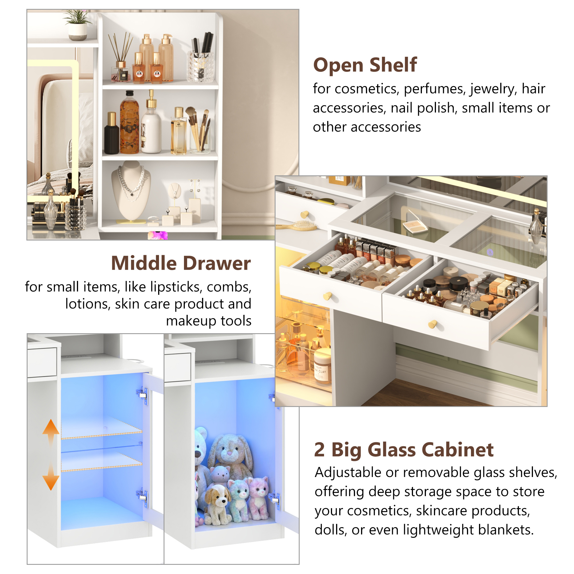 Blotout 62'' Large Vanity Desk w/60000-color LED Lights, Tempered Glass Top, Power Outlet, Makeup Vanity Table w/ 3 Lights Mode Mirror, 3 Drawers, 2 RGB Cabinets, LED Dressing Table for Girls, Women