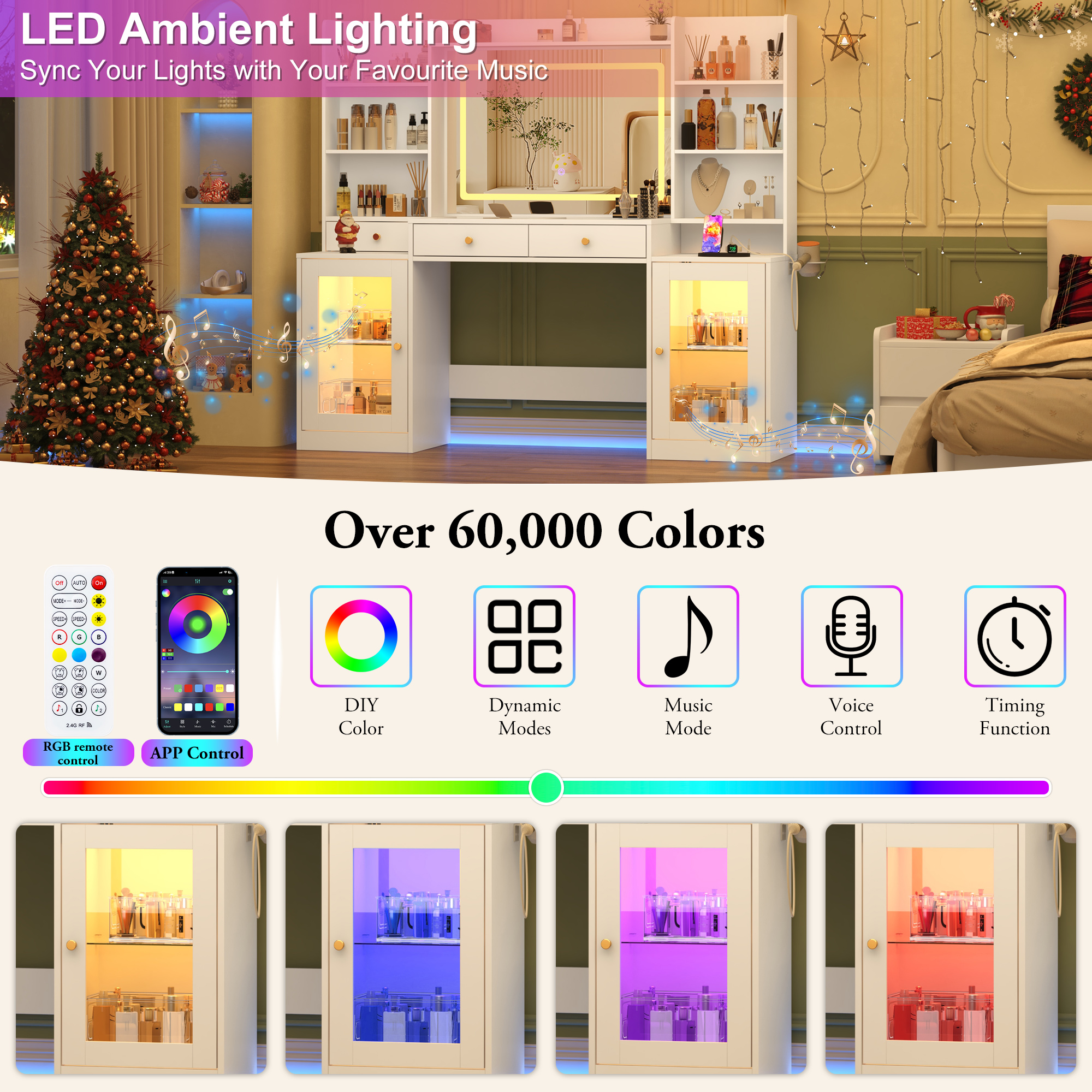 Blotout 62'' Large Vanity Desk w/60000-color LED Lights, Tempered Glass Top, Power Outlet, Makeup Vanity Table w/ 3 Lights Mode Mirror, 3 Drawers, 2 RGB Cabinets, LED Dressing Table for Girls, Women