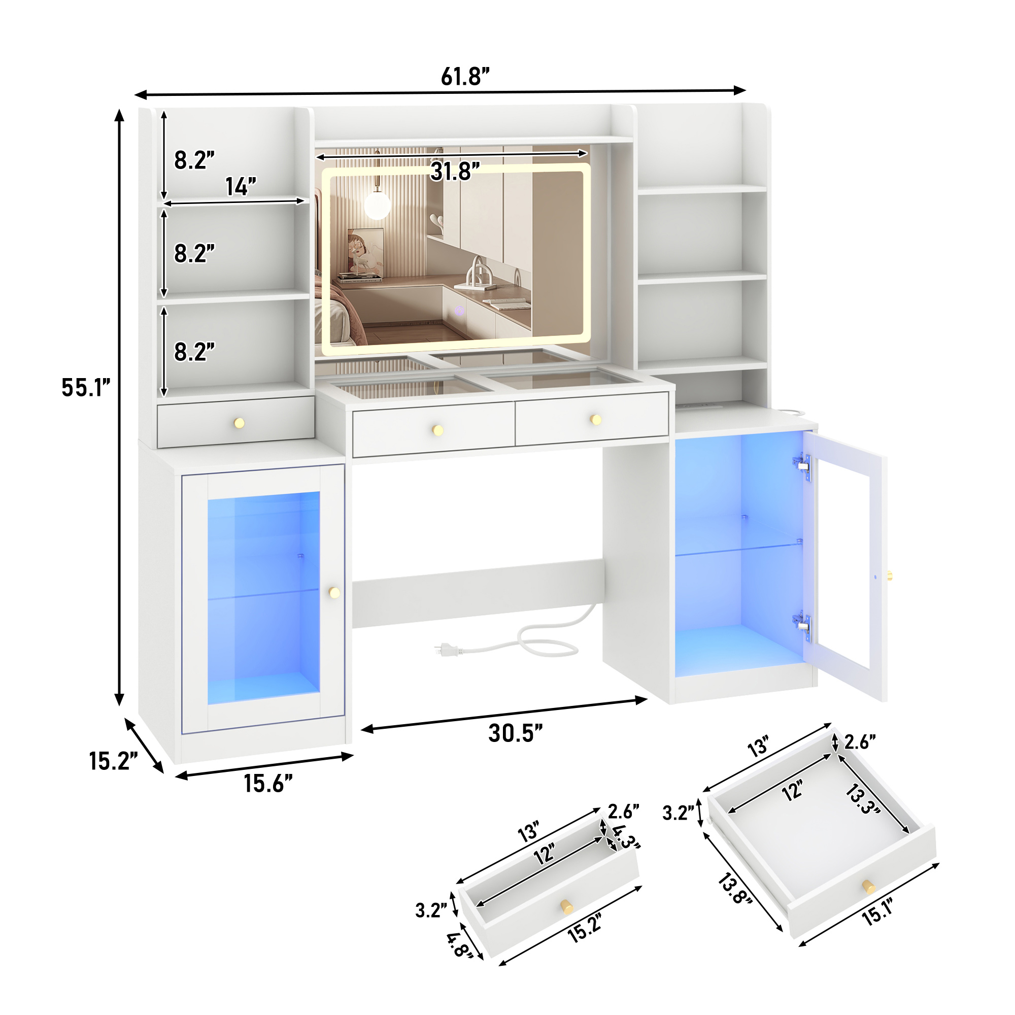 Blotout 62'' Large Vanity Desk w/60000-color LED Lights, Tempered Glass Top, Power Outlet, Makeup Vanity Table w/ 3 Lights Mode Mirror, 3 Drawers, 2 RGB Cabinets, LED Dressing Table for Girls, Women