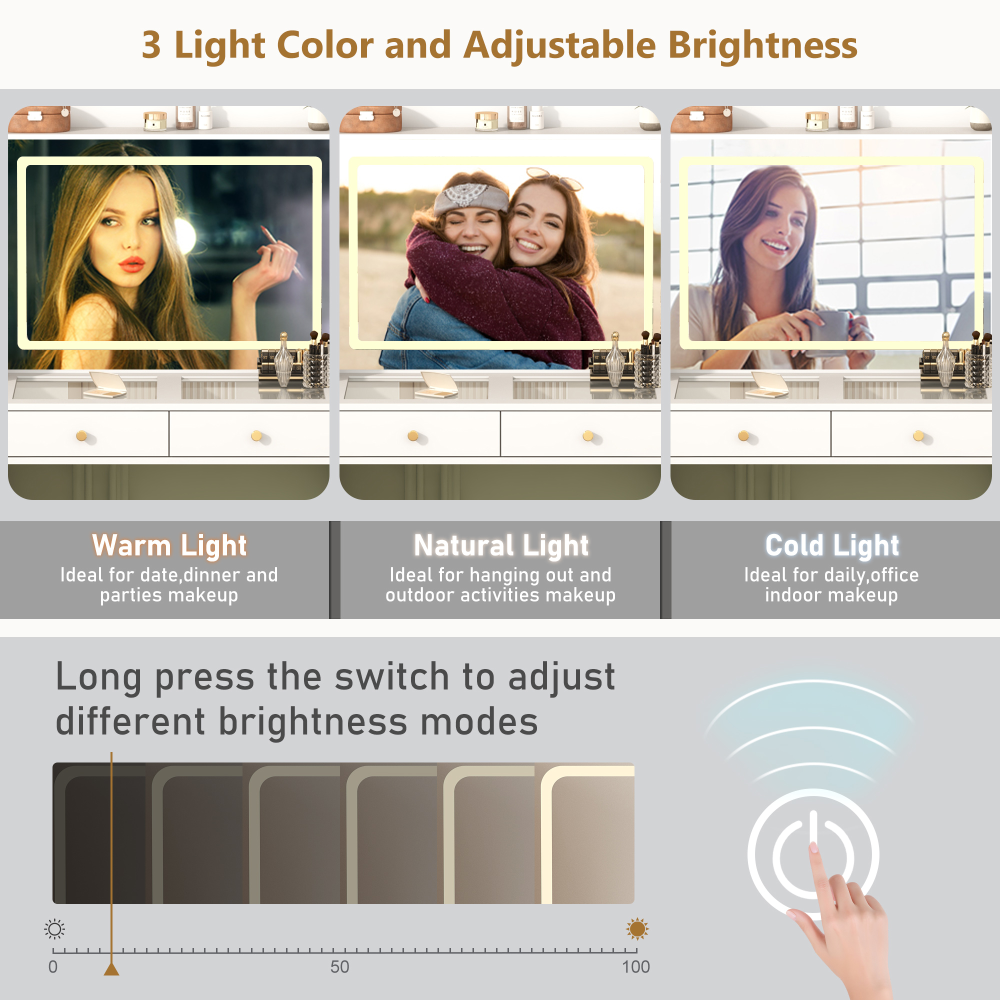 Blotout 62'' Large Vanity Desk w/60000-color LED Lights, Tempered Glass Top, Power Outlet, Makeup Vanity Table w/ 3 Lights Mode Mirror, 3 Drawers, 2 RGB Cabinets, LED Dressing Table for Girls, Women