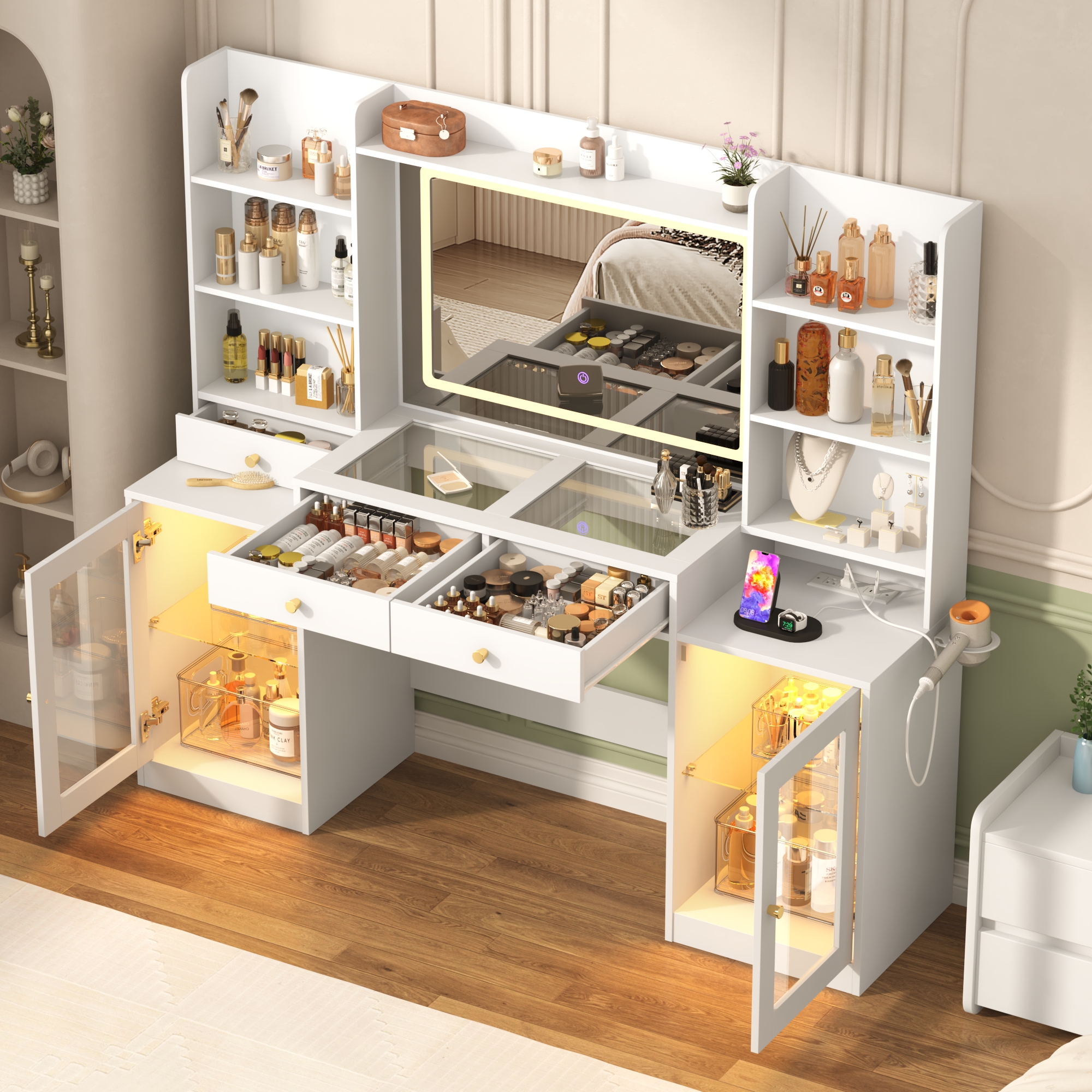 Blotout 62'' Large Vanity Desk w/60000-color LED Lights, Tempered Glass Top, Power Outlet, Makeup Vanity Table w/ 3 Lights Mode Mirror, 3 Drawers, 2 RGB Cabinets, LED Dressing Table for Girls, Women