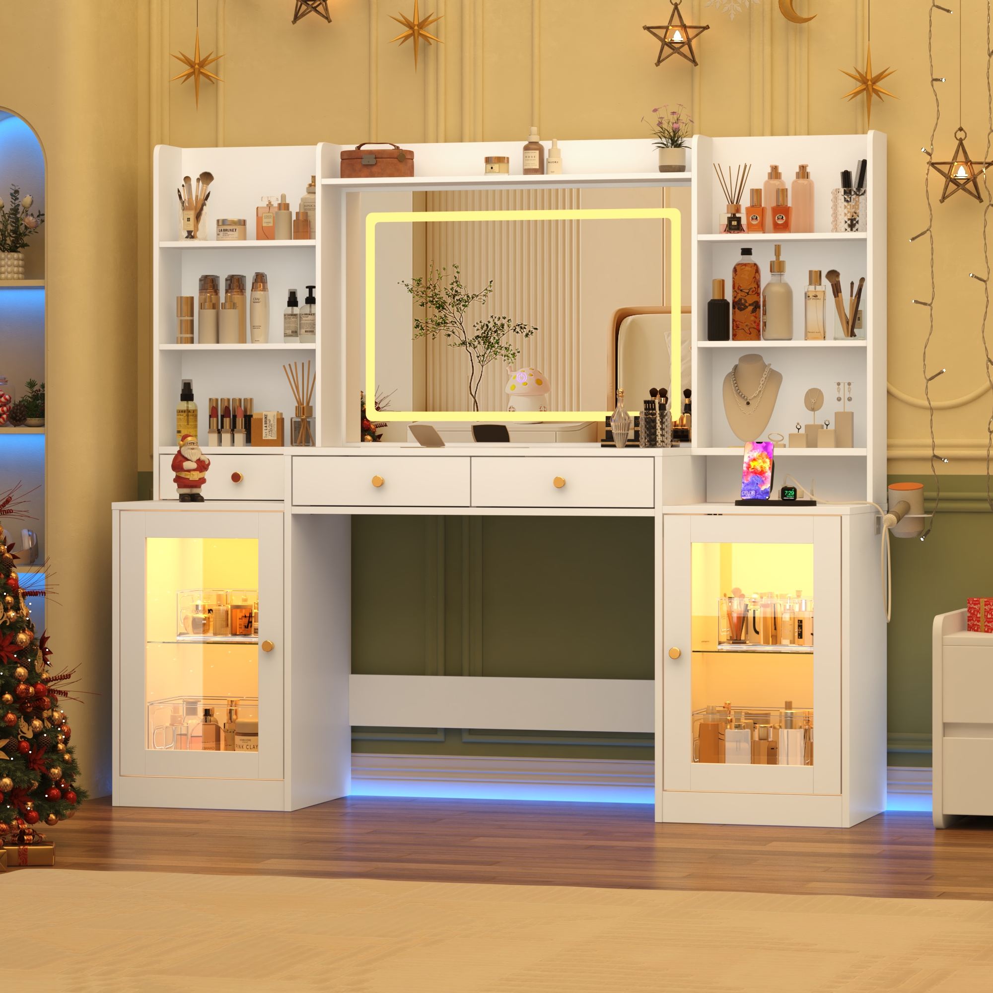 Blotout 62'' Large Vanity Desk w/60000-color LED Lights, Tempered Glass Top, Power Outlet, Makeup Vanity Table w/ 3 Lights Mode Mirror, 3 Drawers, 2 RGB Cabinets, LED Dressing Table for Girls, Women