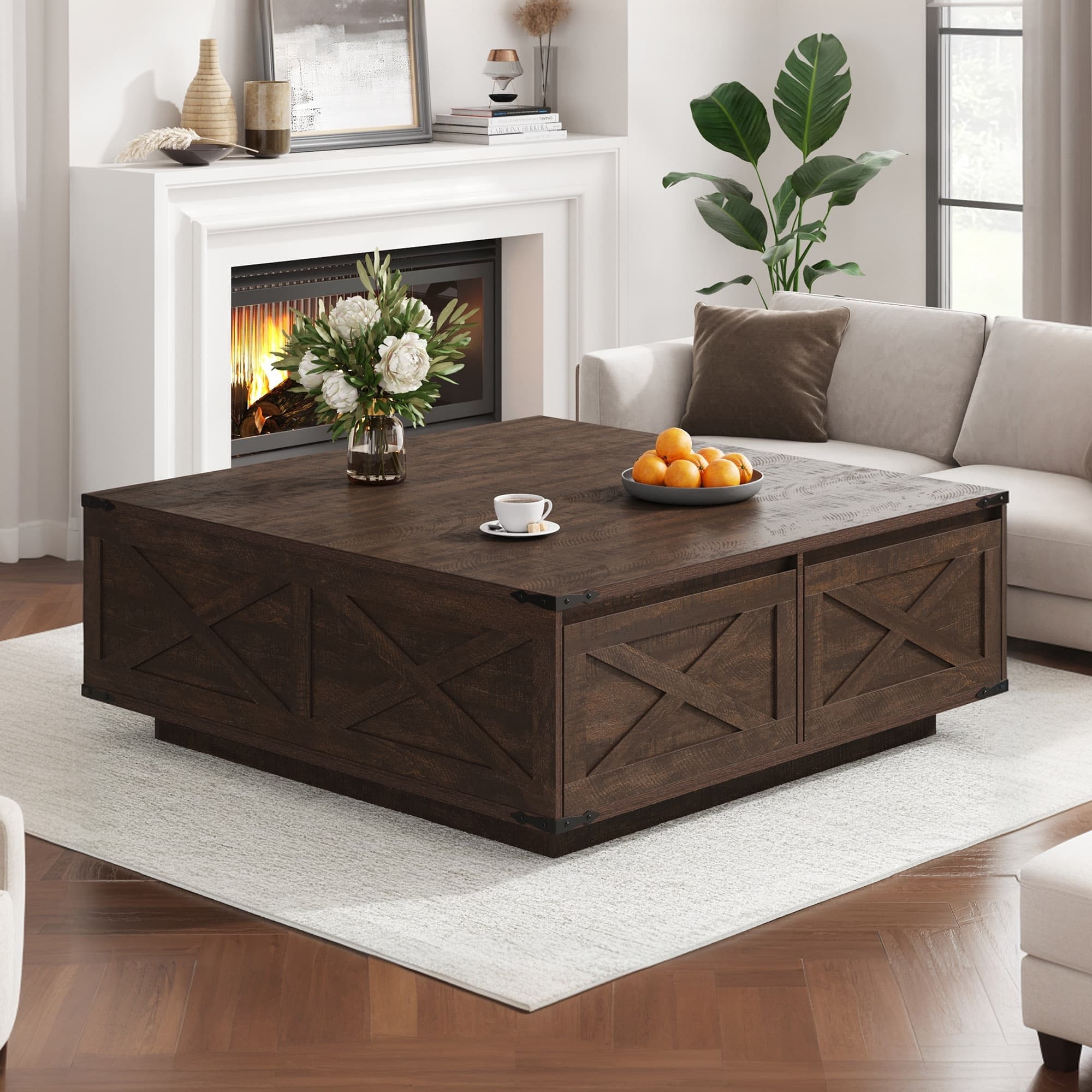 47" Farmhouse Square Coffee Table with 4 Storage Drawers
