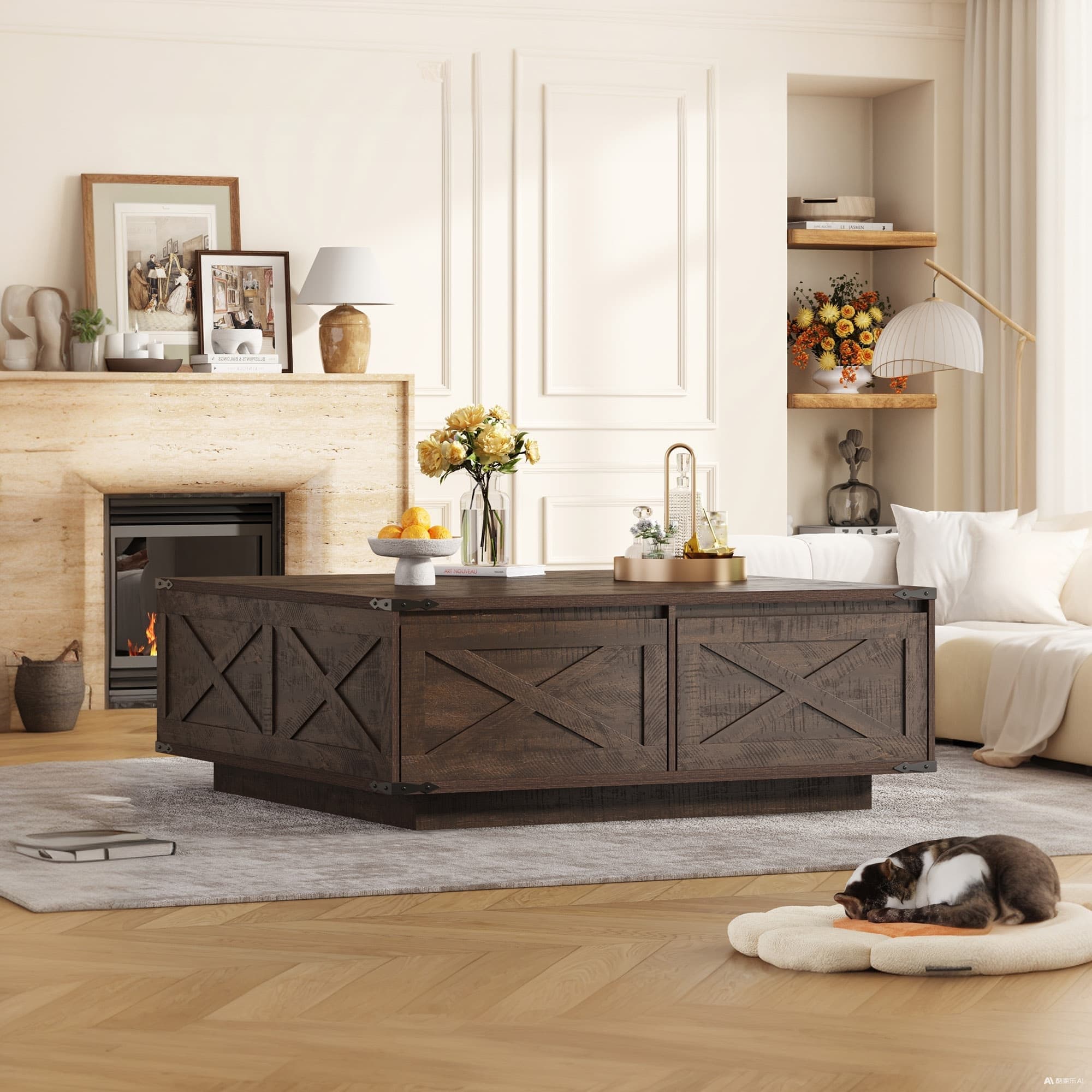 47" Farmhouse Square Coffee Table with 4 Storage Drawers