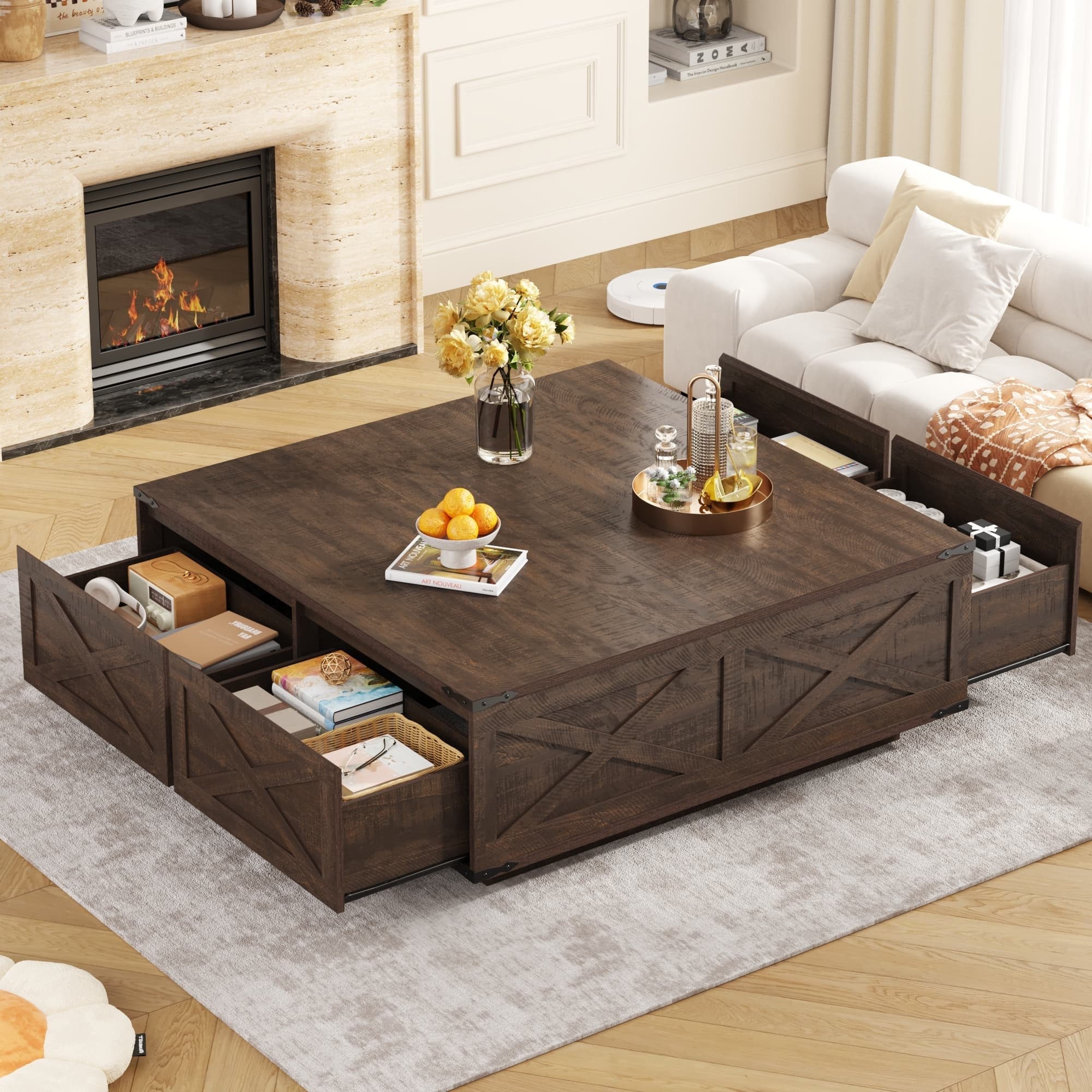 47" Farmhouse Square Coffee Table with 4 Storage Drawers