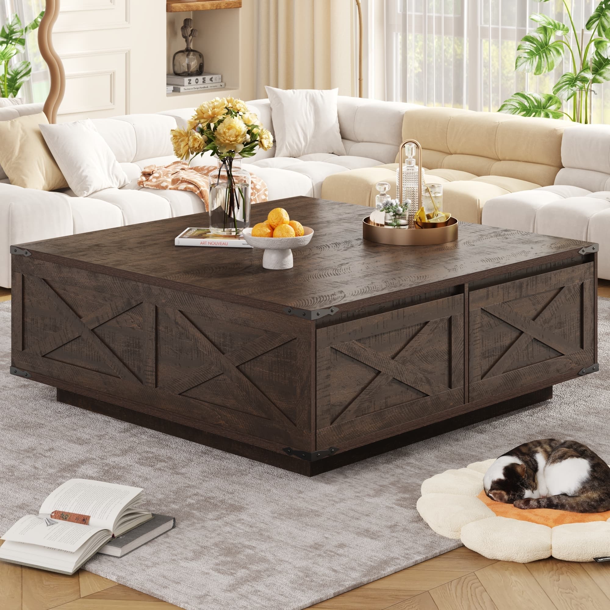 47" Farmhouse Square Coffee Table with 4 Storage Drawers