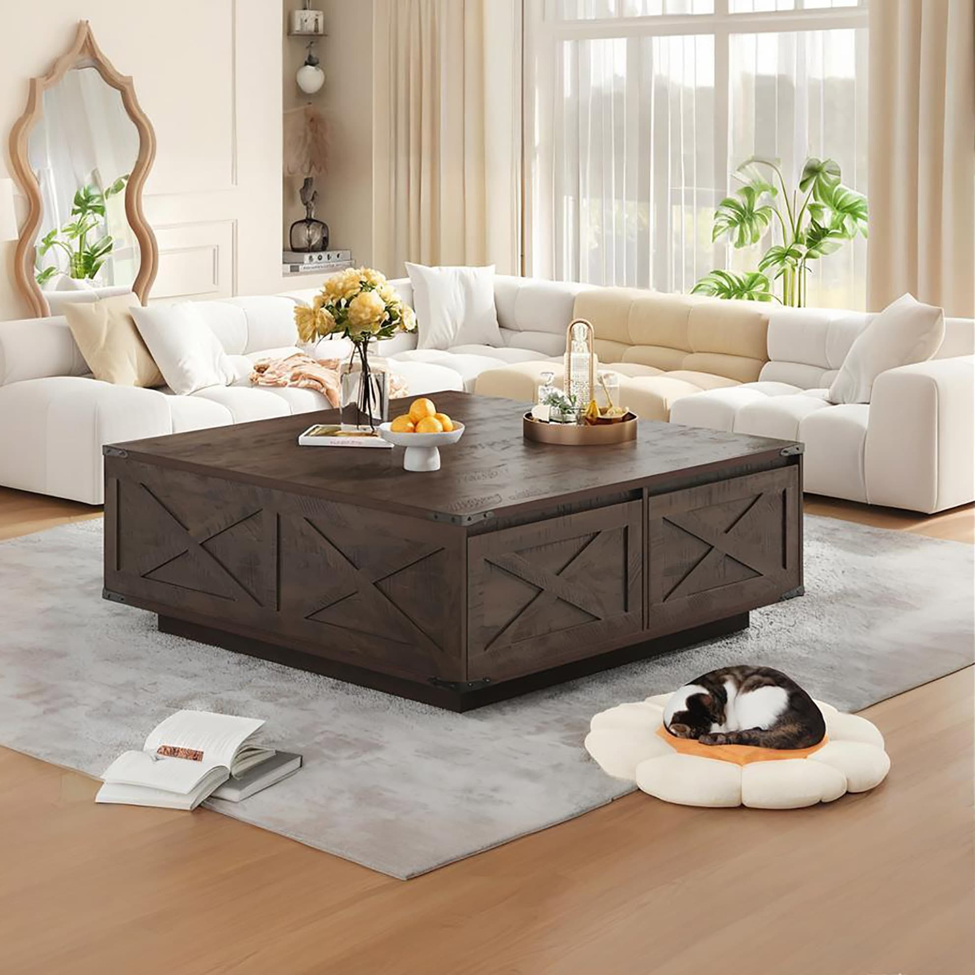 47" Farmhouse Square Coffee Table with 4 Storage Drawers