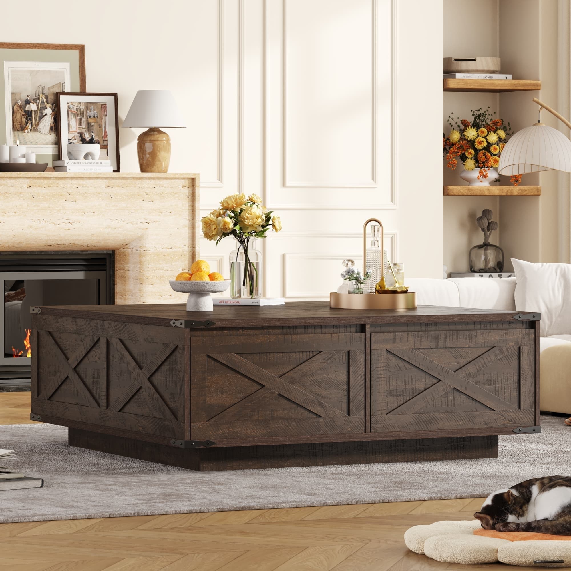 47" Farmhouse Square Coffee Table with 4 Storage Drawers