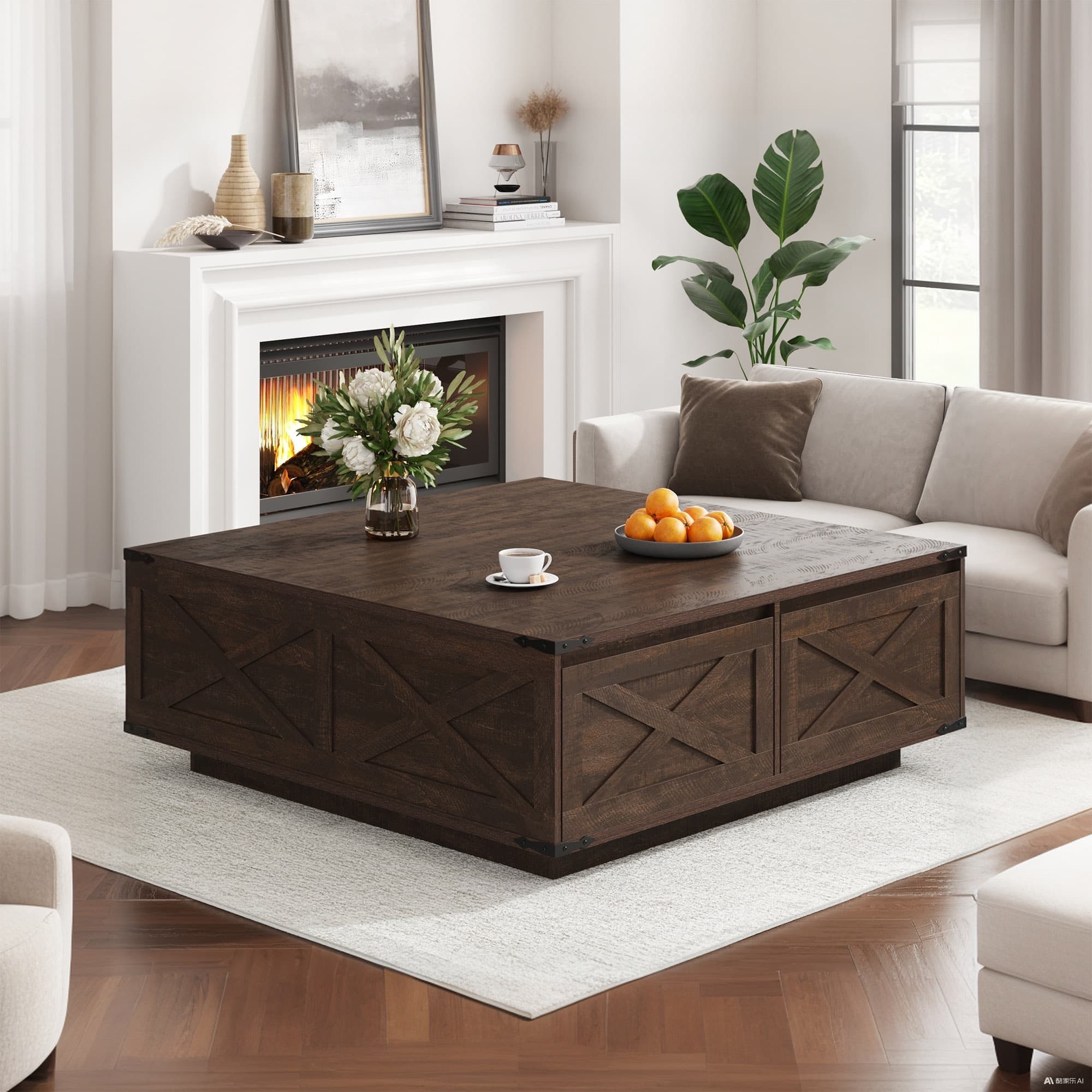 47" Farmhouse Square Coffee Table with 4 Storage Drawers