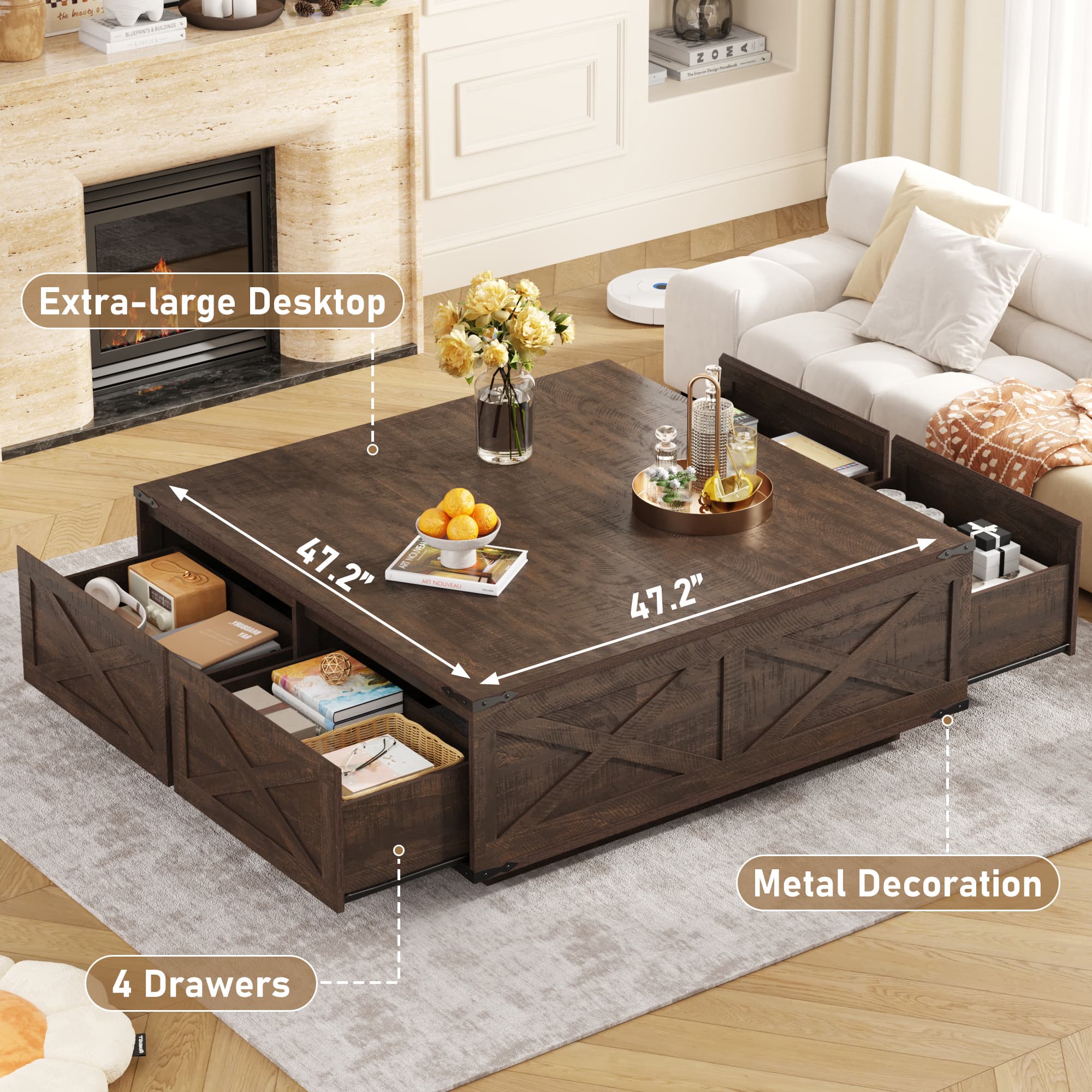 47" Farmhouse Square Coffee Table with 4 Storage Drawers