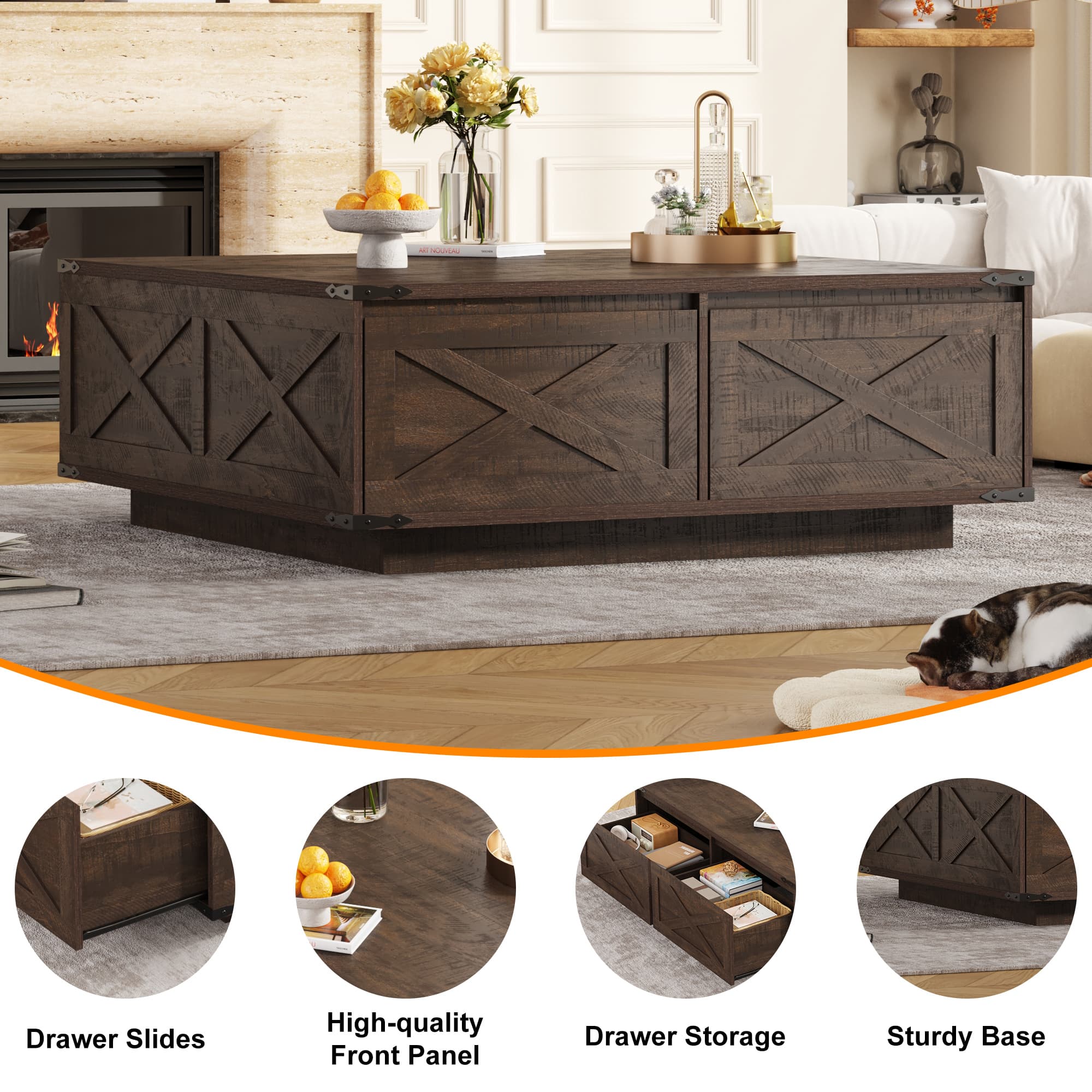 47" Farmhouse Square Coffee Table with 4 Storage Drawers
