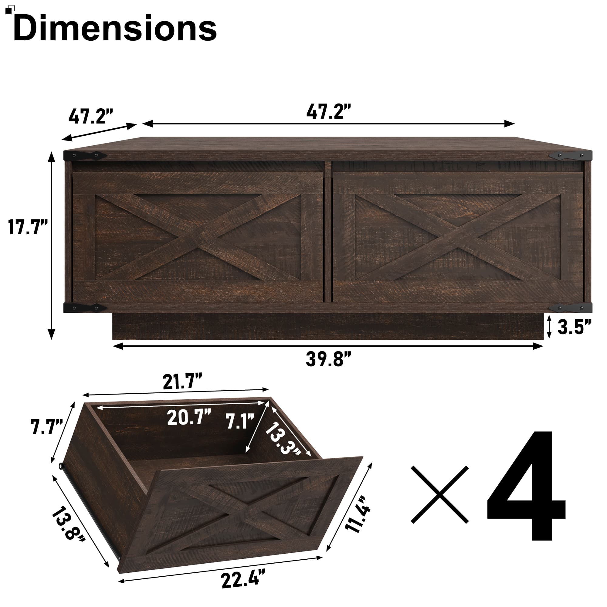 47" Farmhouse Square Coffee Table with 4 Storage Drawers