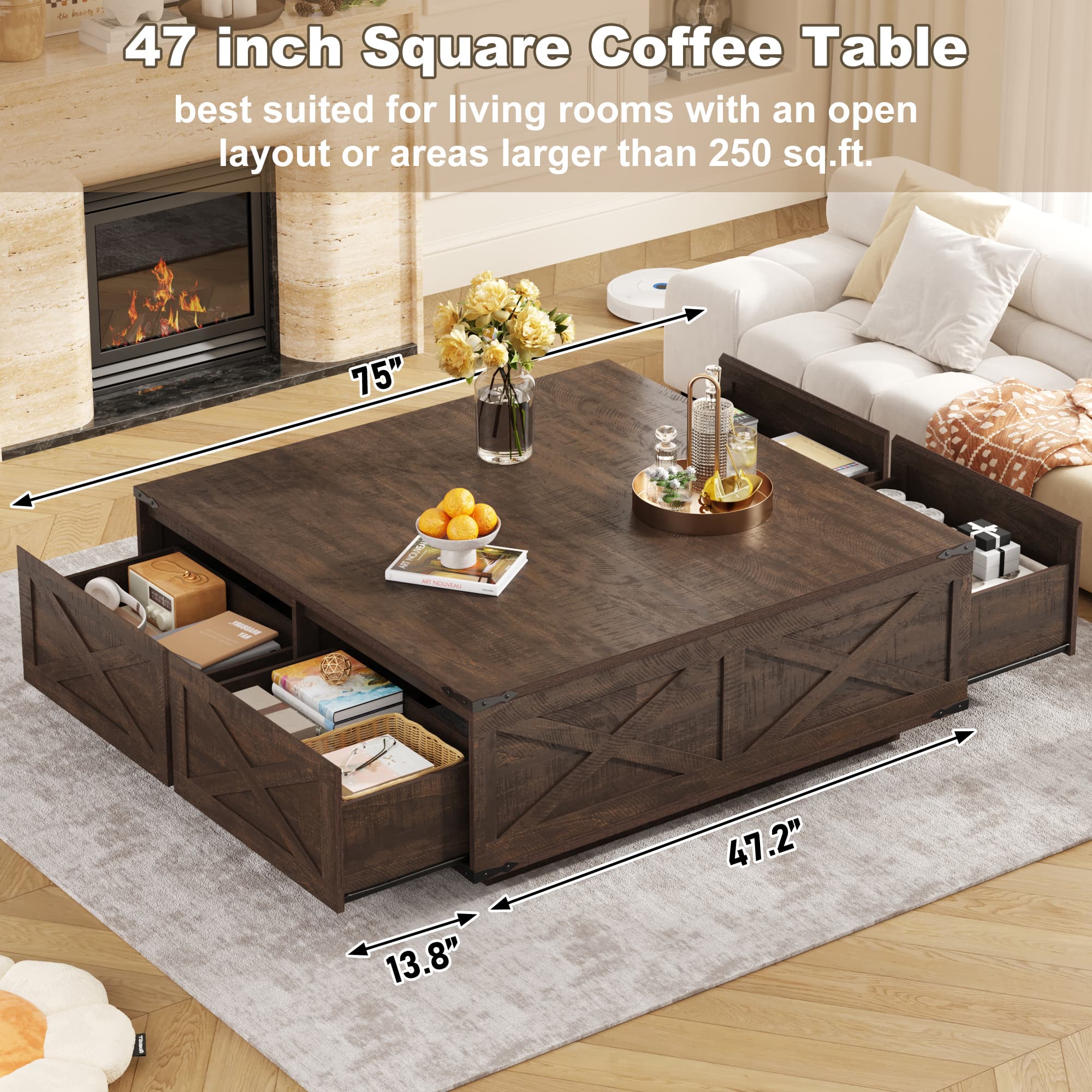 47" Farmhouse Square Coffee Table with 4 Storage Drawers