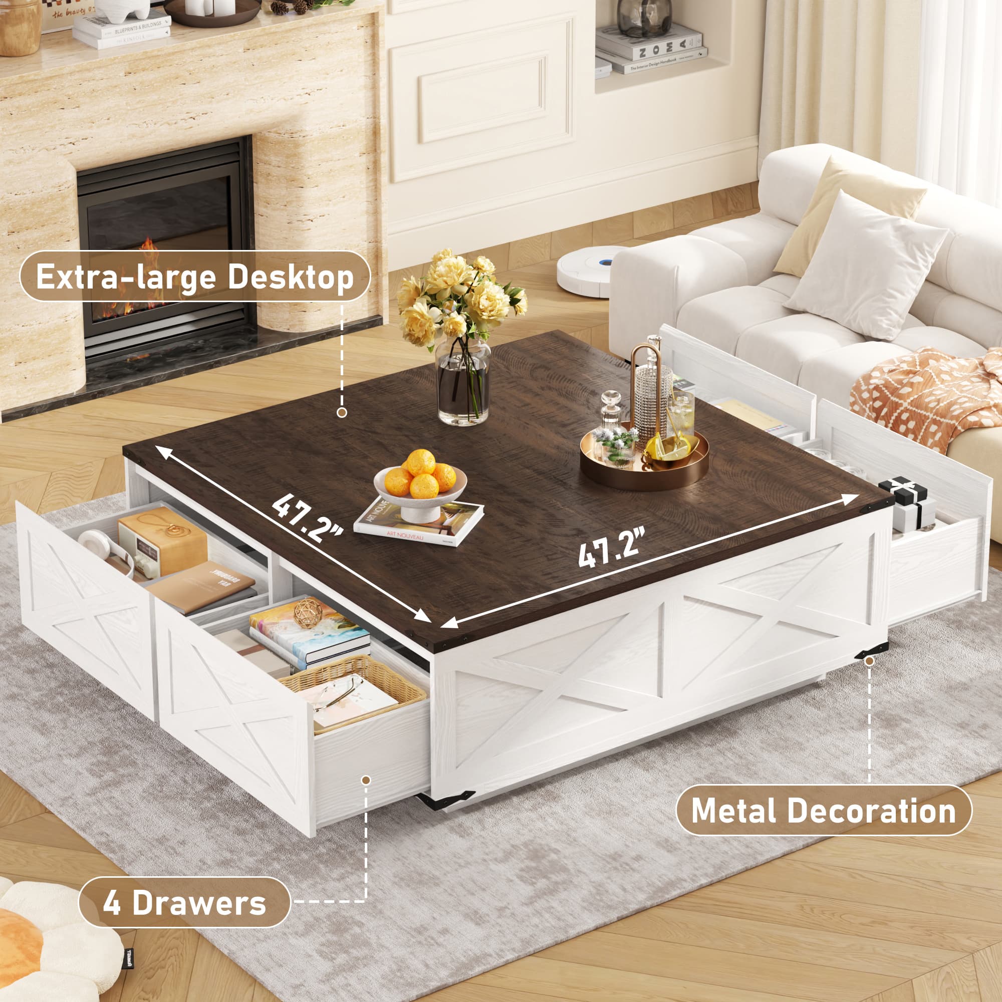 47" Farmhouse Square Coffee Table with 4 Storage Drawers