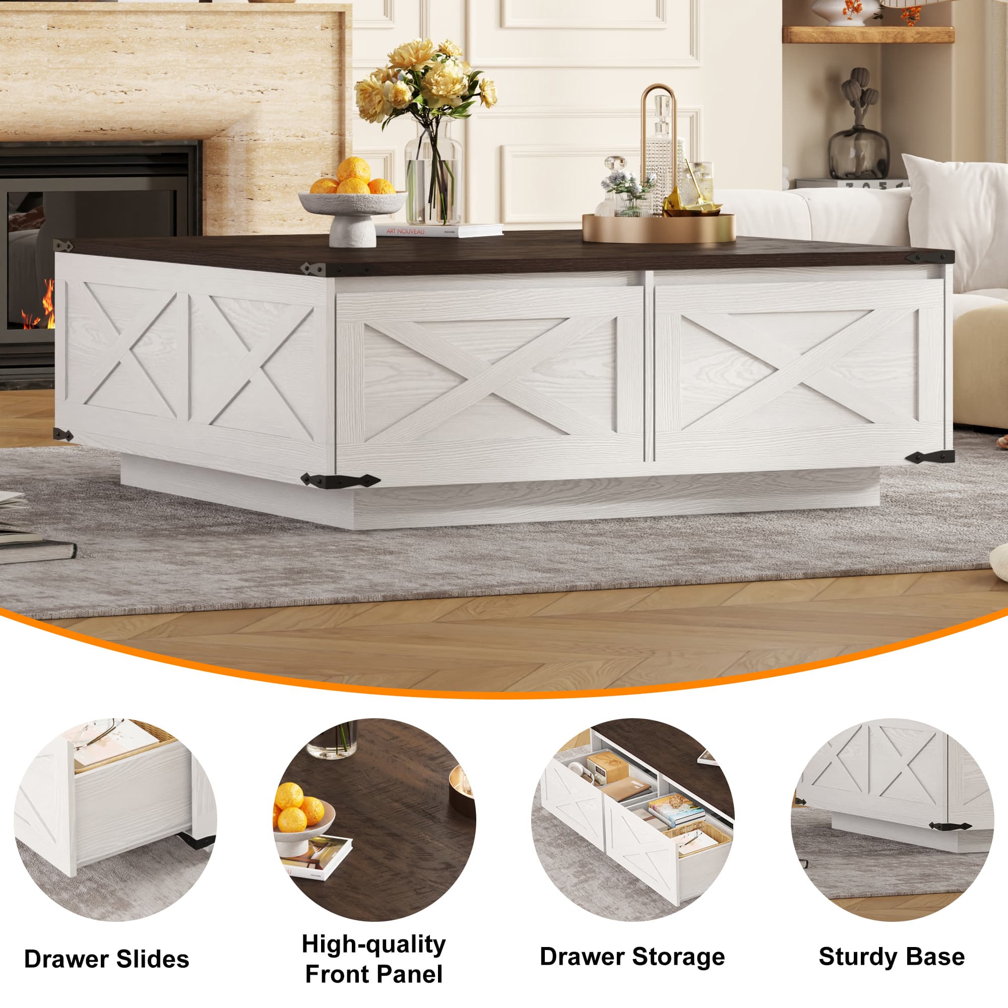 47" Farmhouse Square Coffee Table with 4 Storage Drawers