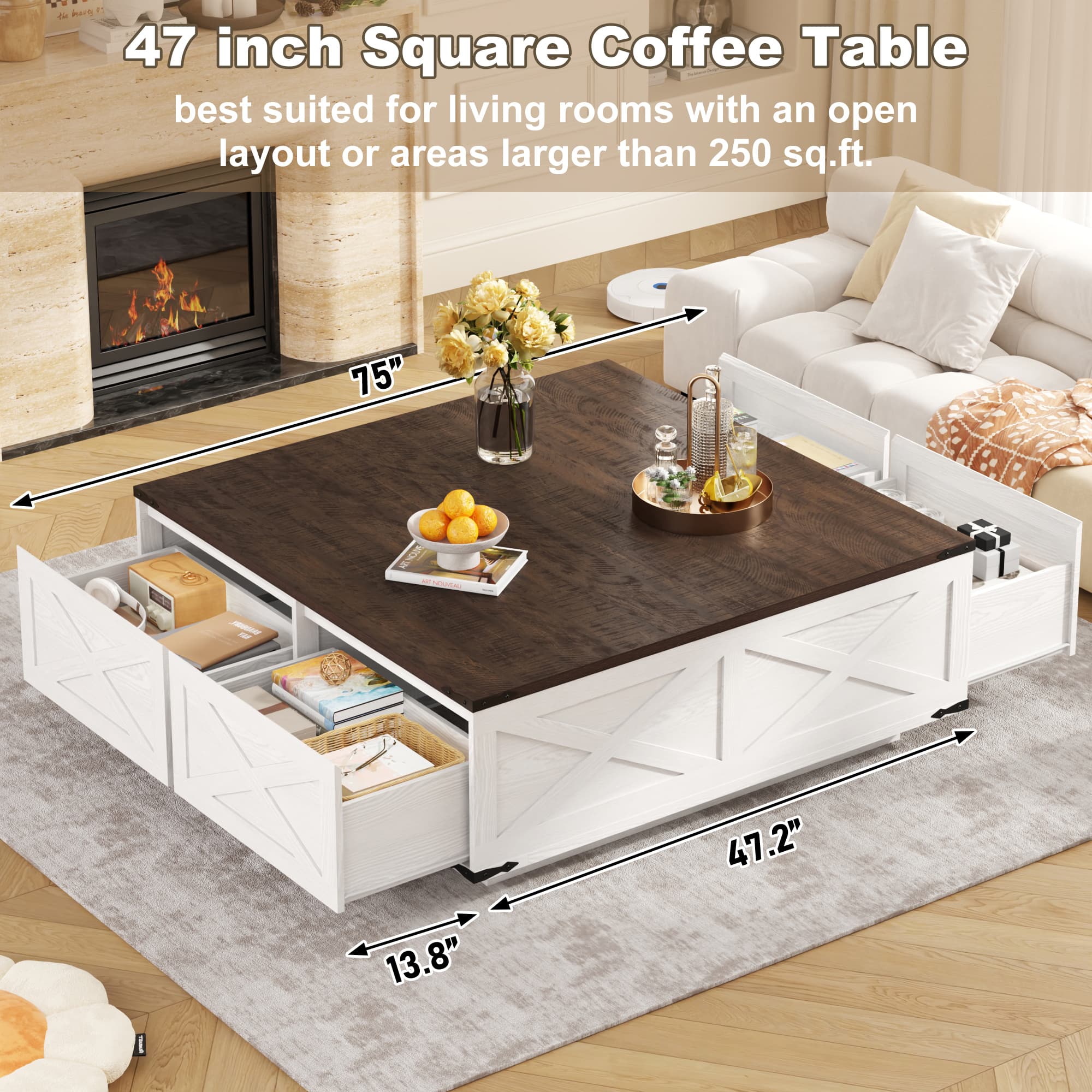 47" Farmhouse Square Coffee Table with 4 Storage Drawers