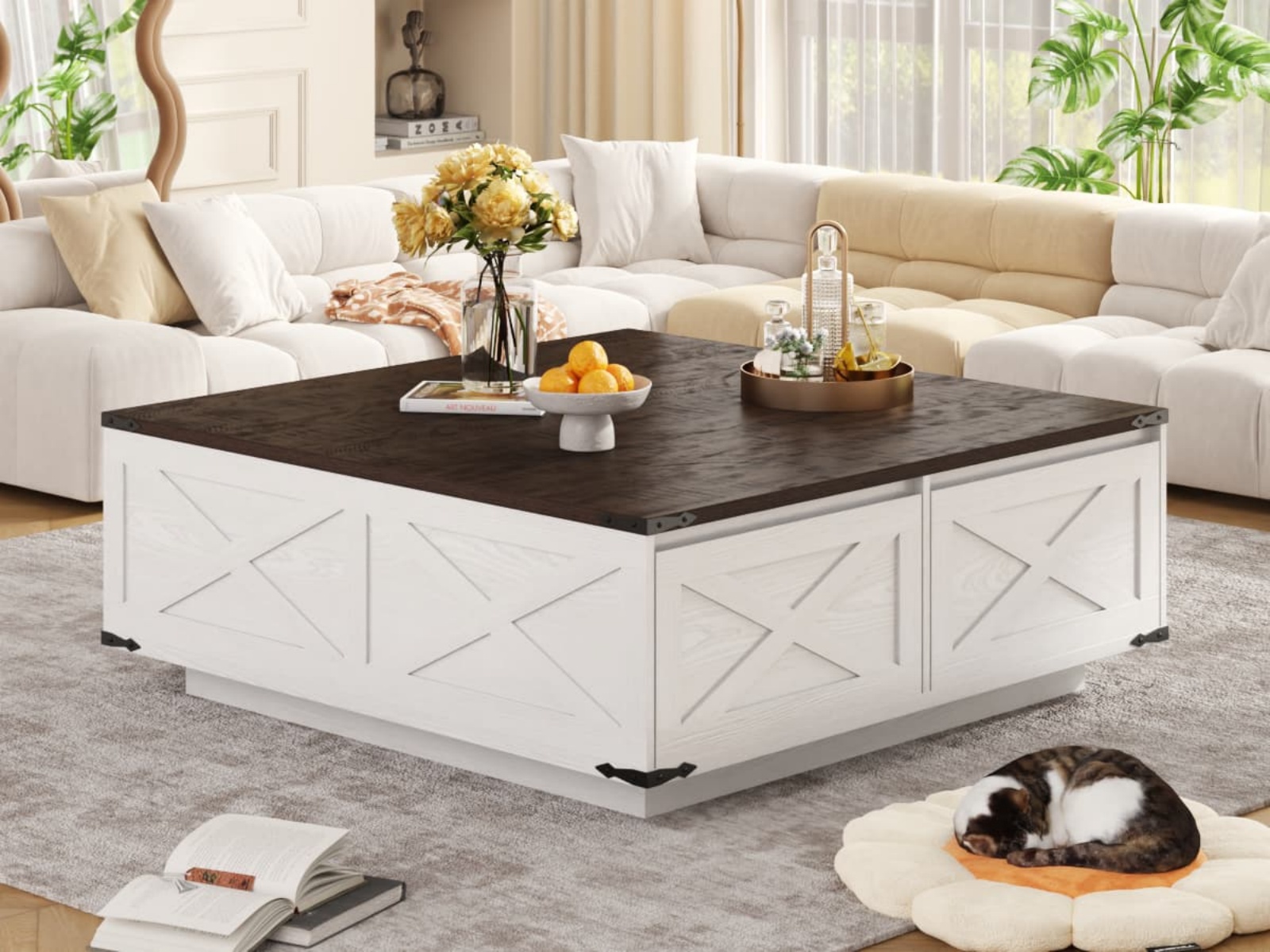 47" Farmhouse Square Coffee Table with 4 Storage Drawers