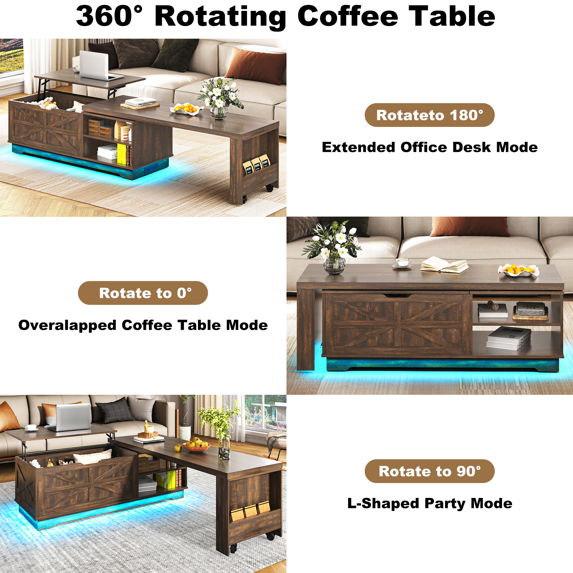 ANPOO 90°/180° Rotating Lift Top Coffee Table W/ LED Lights & Power Outlets, 57"-90" Extendable Farmhouse Coffee Table with Hidden Storage, L-Shaped Coffee Table for Living Room