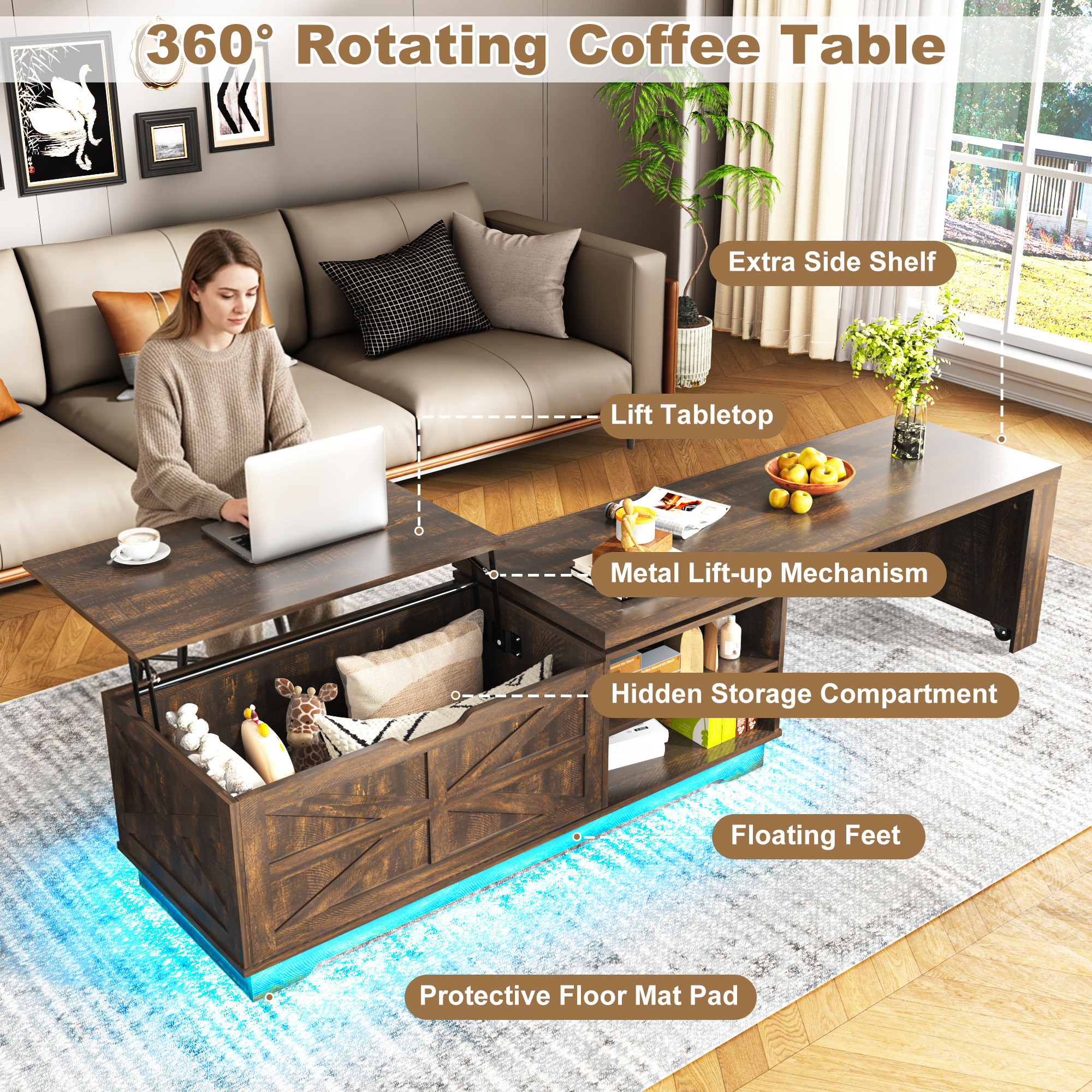 ANPOO 90°/180° Rotating Lift Top Coffee Table W/ LED Lights & Power Outlets, 57"-90" Extendable Farmhouse Coffee Table with Hidden Storage, L-Shaped Coffee Table for Living Room