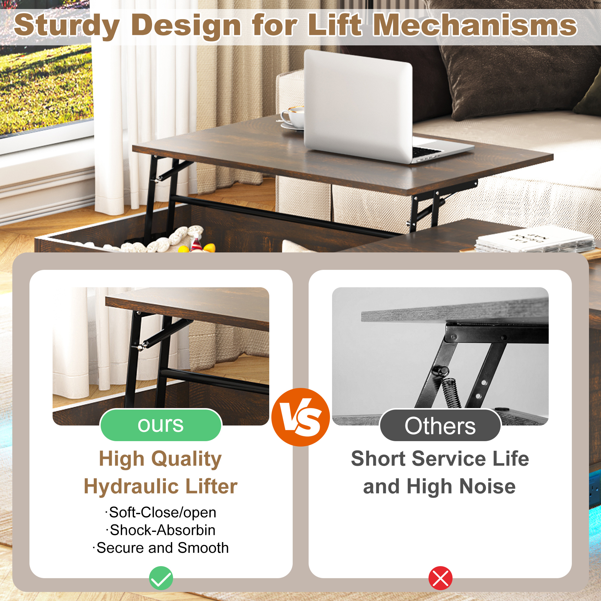 ANPOO 90°/180° Rotating Lift Top Coffee Table W/ LED Lights & Power Outlets, 57"-90" Extendable Farmhouse Coffee Table with Hidden Storage, L-Shaped Coffee Table for Living Room