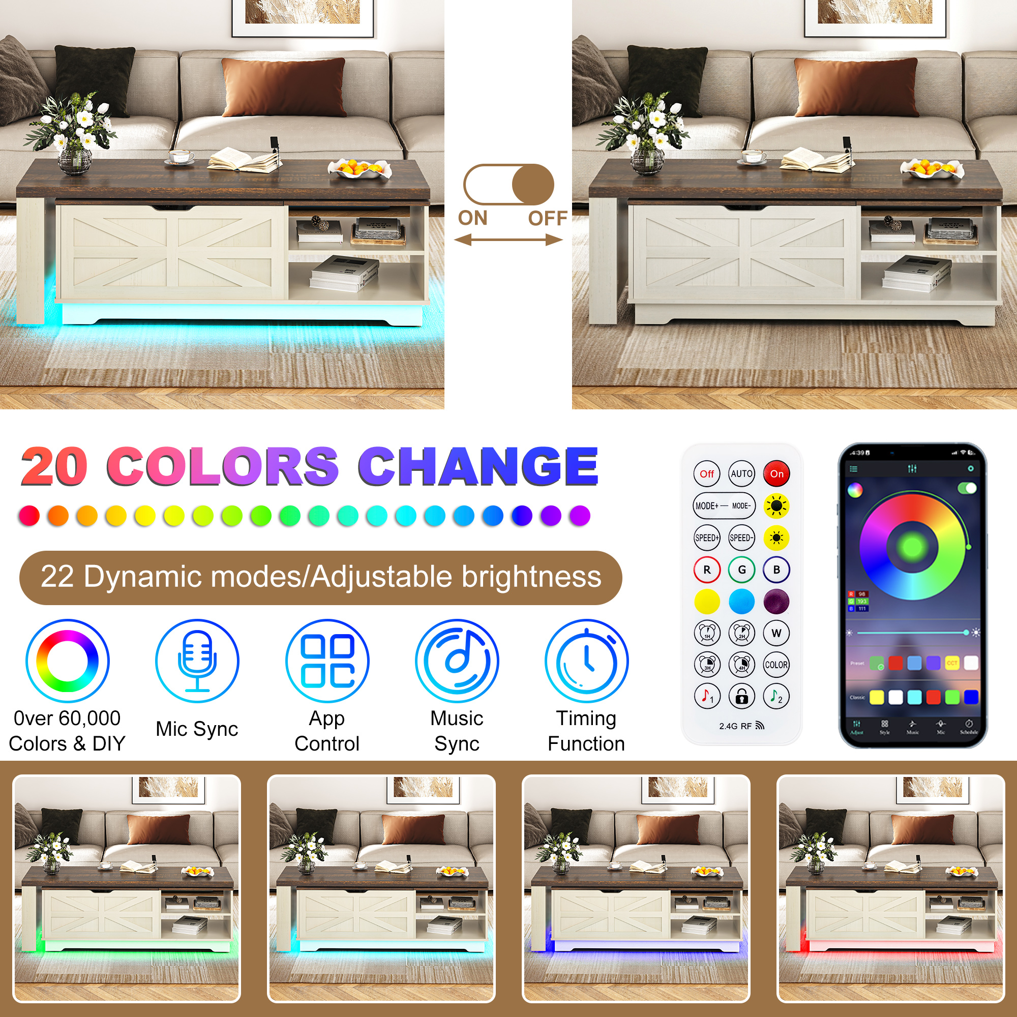 ANPOO 90°/180° Rotating Lift Top Coffee Table W/ LED Lights & Power Outlets, 57"-90" Extendable Farmhouse Coffee Table with Hidden Storage, L-Shaped Coffee Table for Living Room