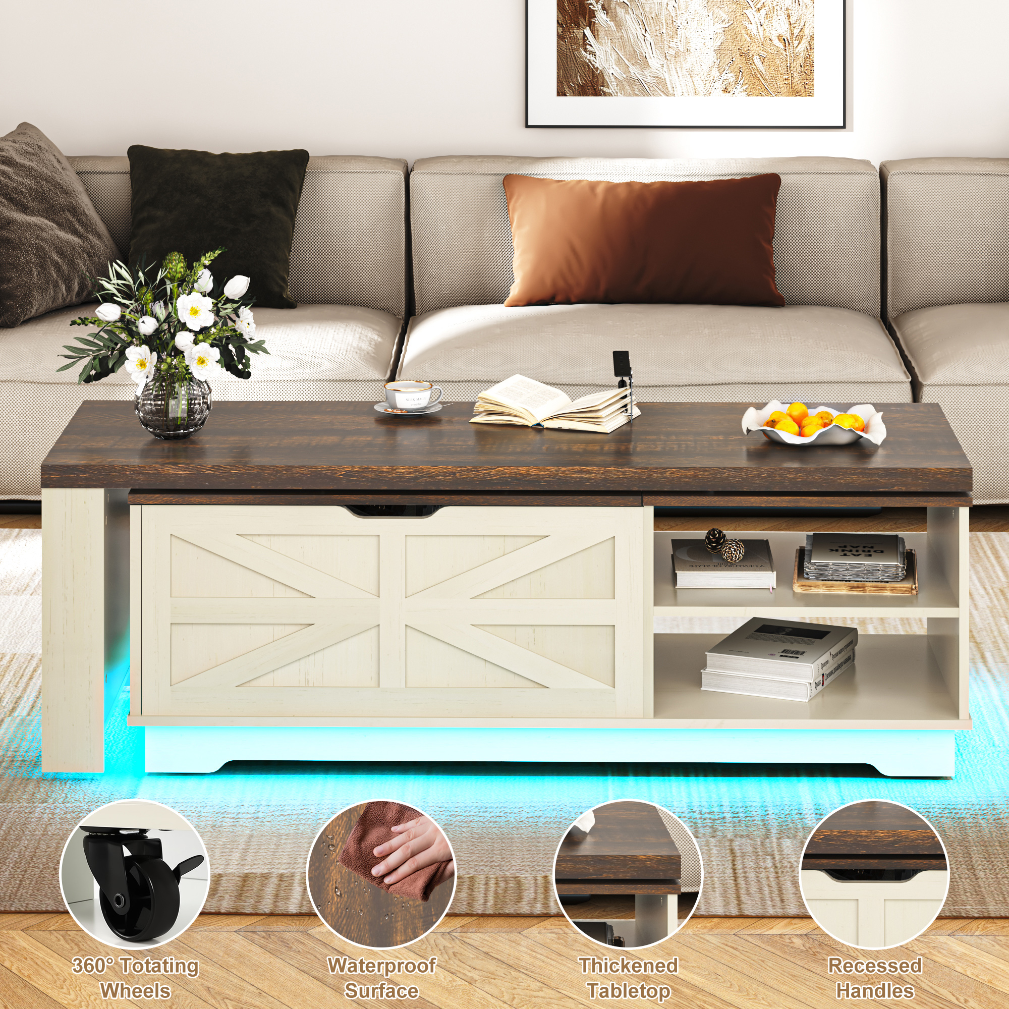 ANPOO 90°/180° Rotating Lift Top Coffee Table W/ LED Lights & Power Outlets, 57"-90" Extendable Farmhouse Coffee Table with Hidden Storage, L-Shaped Coffee Table for Living Room