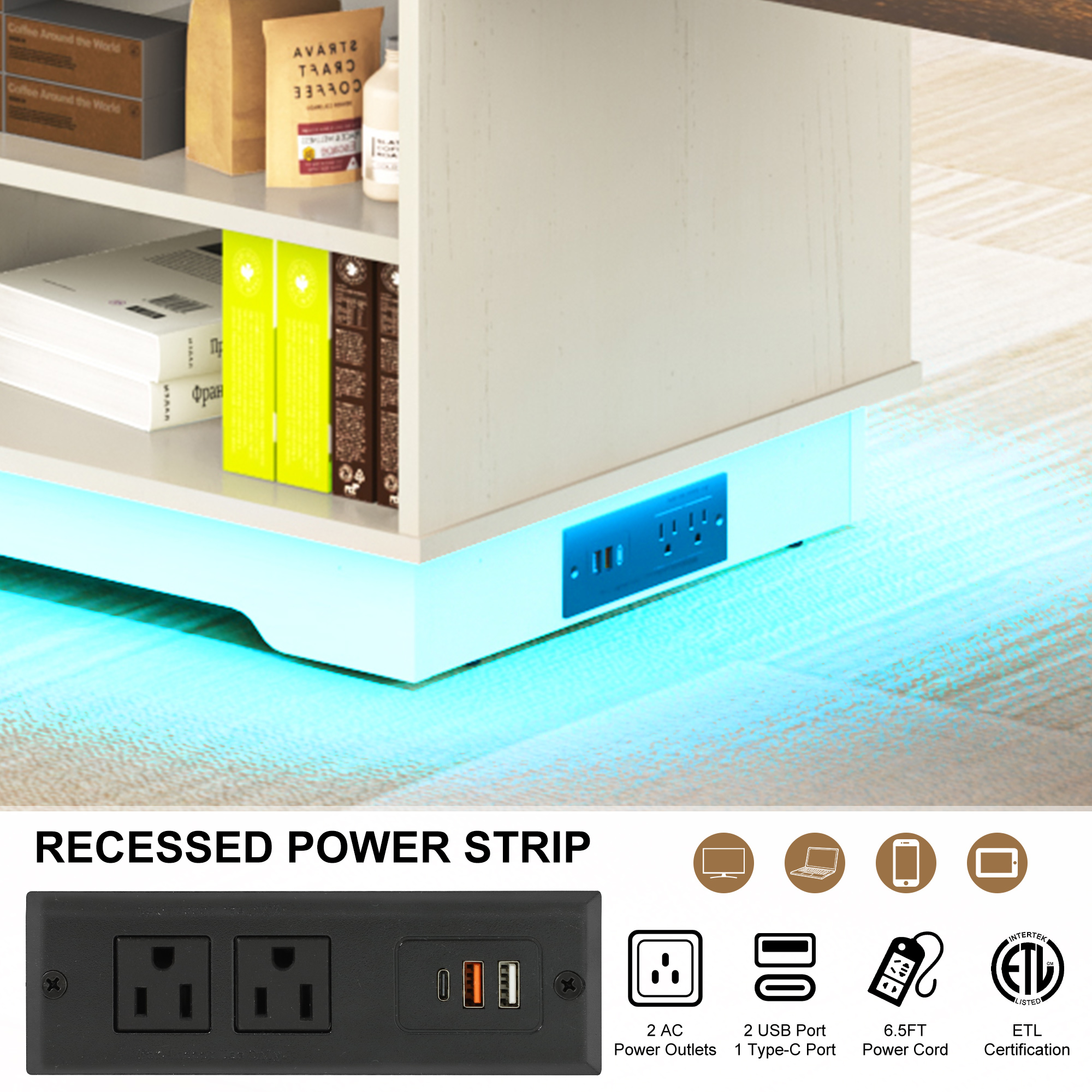 ANPOO 90°/180° Rotating Lift Top Coffee Table W/ LED Lights & Power Outlets, 57"-90" Extendable Farmhouse Coffee Table with Hidden Storage, L-Shaped Coffee Table for Living Room